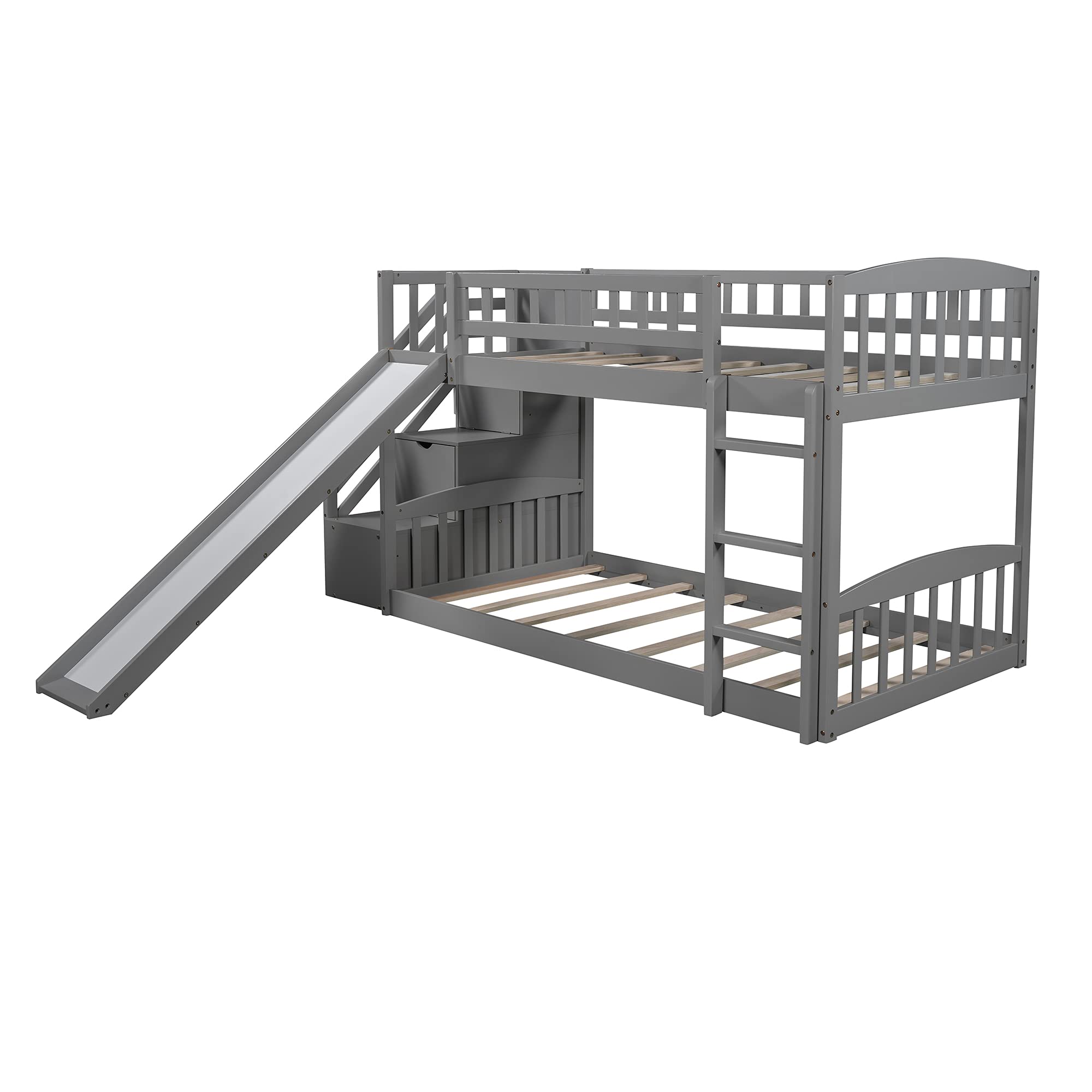 Rhomtree Twin Over Twin Bunk Bed with Slide - Convertible Kids Loft Bed Frame with Ladder, Full-Length Guardrails & 2 Storage Drawers - No Box Spring Needed (Gray) - Perfect for Small Bedrooms, Playrooms & Sleepovers