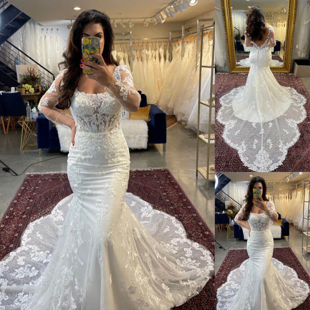 Elegant Long Sleeve Square Neck Lace Mermaid Wedding Dress with Backless Design - Perfect for Bridal Ceremony, Formal Events & Romantic Photos