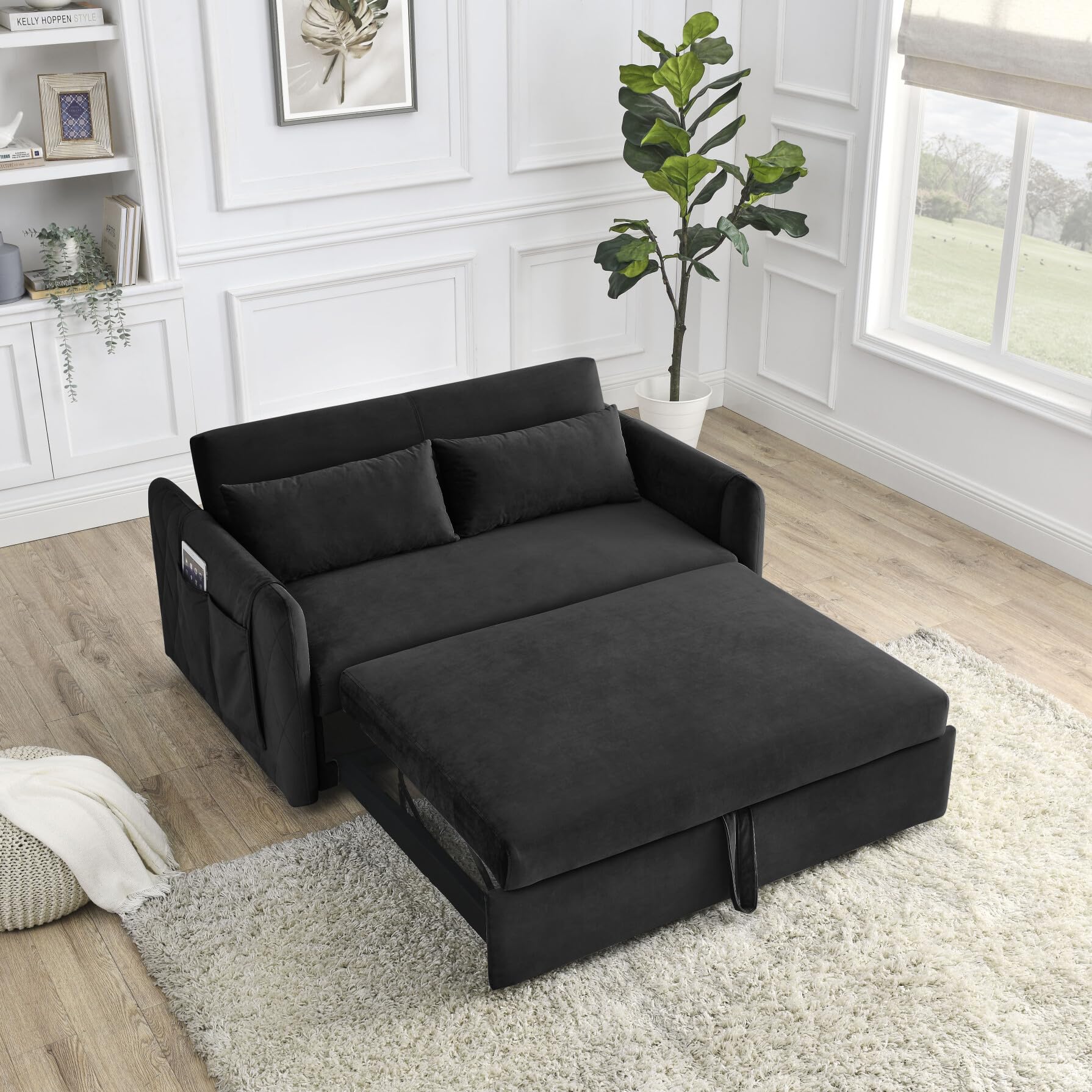 3 in 1 Convertible Sleeper Sofa Bed - Modern Velvet Futon Couch with Pullout Bed, Adjustable Backrest & Storage Pockets - Space Saving Loveseat with Pillows for Small Apartments, Living Rooms & Guest Rooms (Perfect for Studio, Dorm & Home Office)