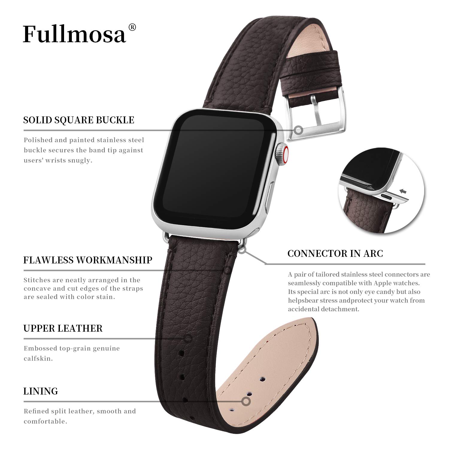 Fullmosa Genuine Leather Apple Watch Bands Compatible with Series 9/8/7/6/5/4/3/2/1/SE/Ultra 2 (38mm 40mm 41mm 42mm 44mm 45mm 49mm) - Stylish Replacement Strap for Women & Men - Perfect for Office, Date Night & Formal Occasions
