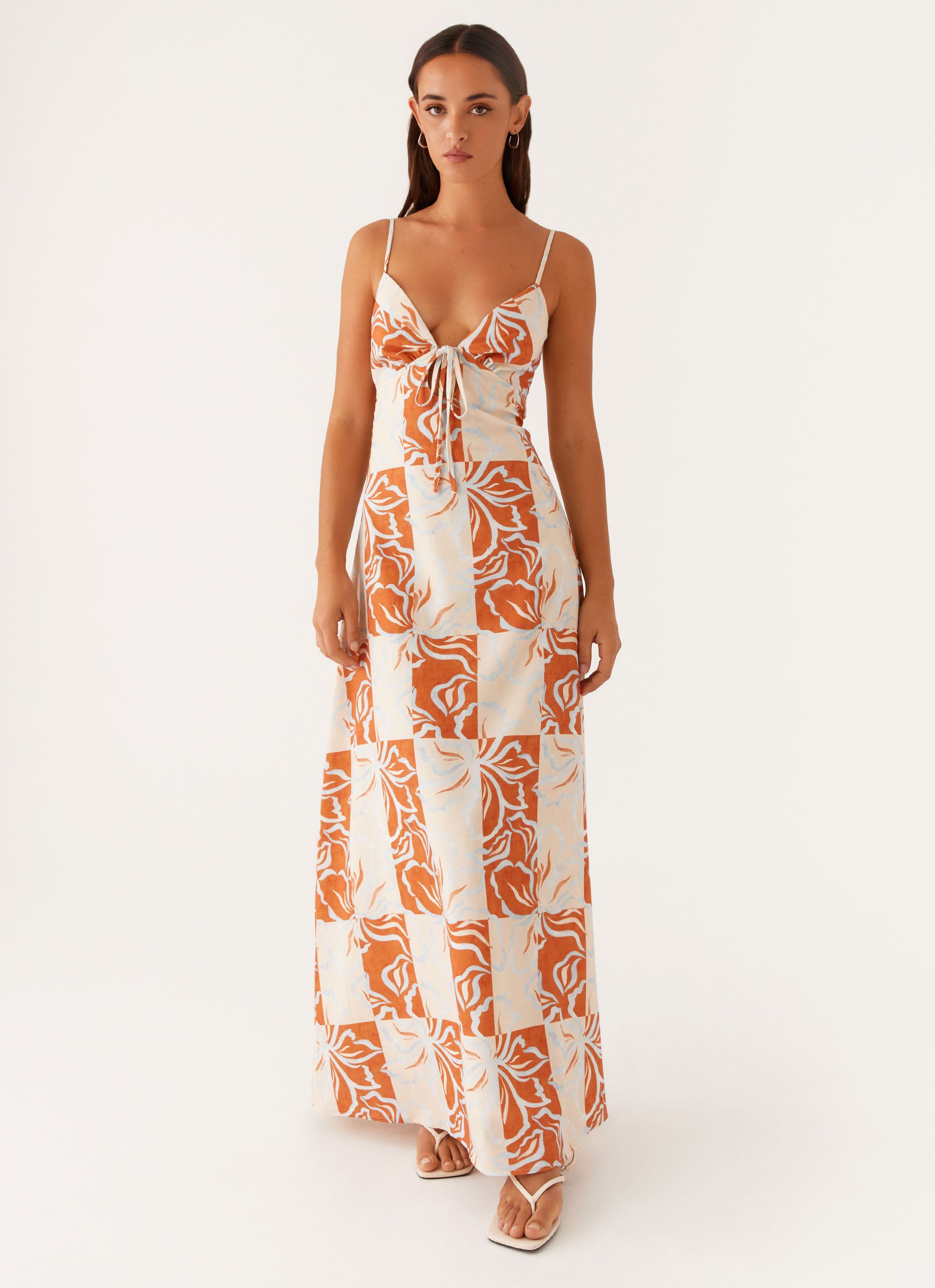 Floral Linen Maxi Dress for Women - Orange & Blue Floral Print, Boho Summer Beach Dress, Perfect for Vacations, Parties, and Casual Outings