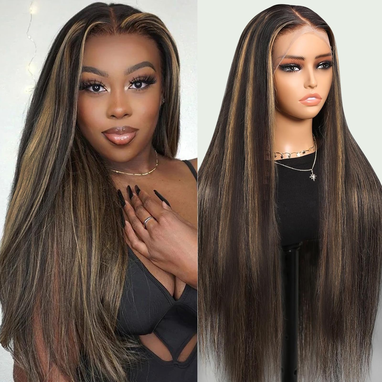 13x4 HD Transparent Lace Front Wig Human Hair 24 Inch - 200% Density Ombre Balayage Straight Pre Plucked with Baby Hair | Natural Look for Daily Wear, Parties & Special Occasions