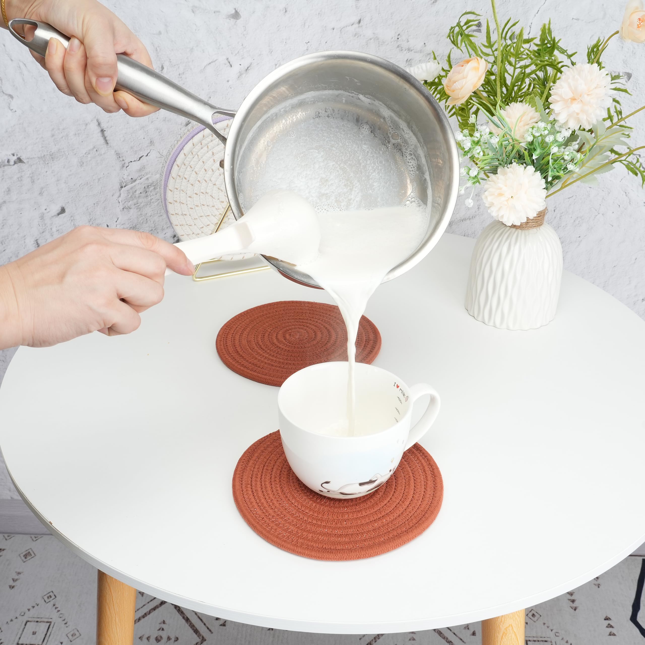 8-Piece Cotton Trivet Set - 8 Inch Heat Resistant Pot Holders & Coasters for Kitchen Countertops - Hot Pads for Dishes, Pots, Pans, Teapots & Bowls - Rustic Style for Dining & Entertaining
