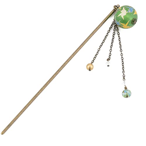 Japanese Style Metal Hair Stick for Bun - Kanzashi Hair Pin with Origami Crane Ball (Green) - Elegant Hair Accessory for Women, Perfect for Weddings, Parties, and Traditional Events