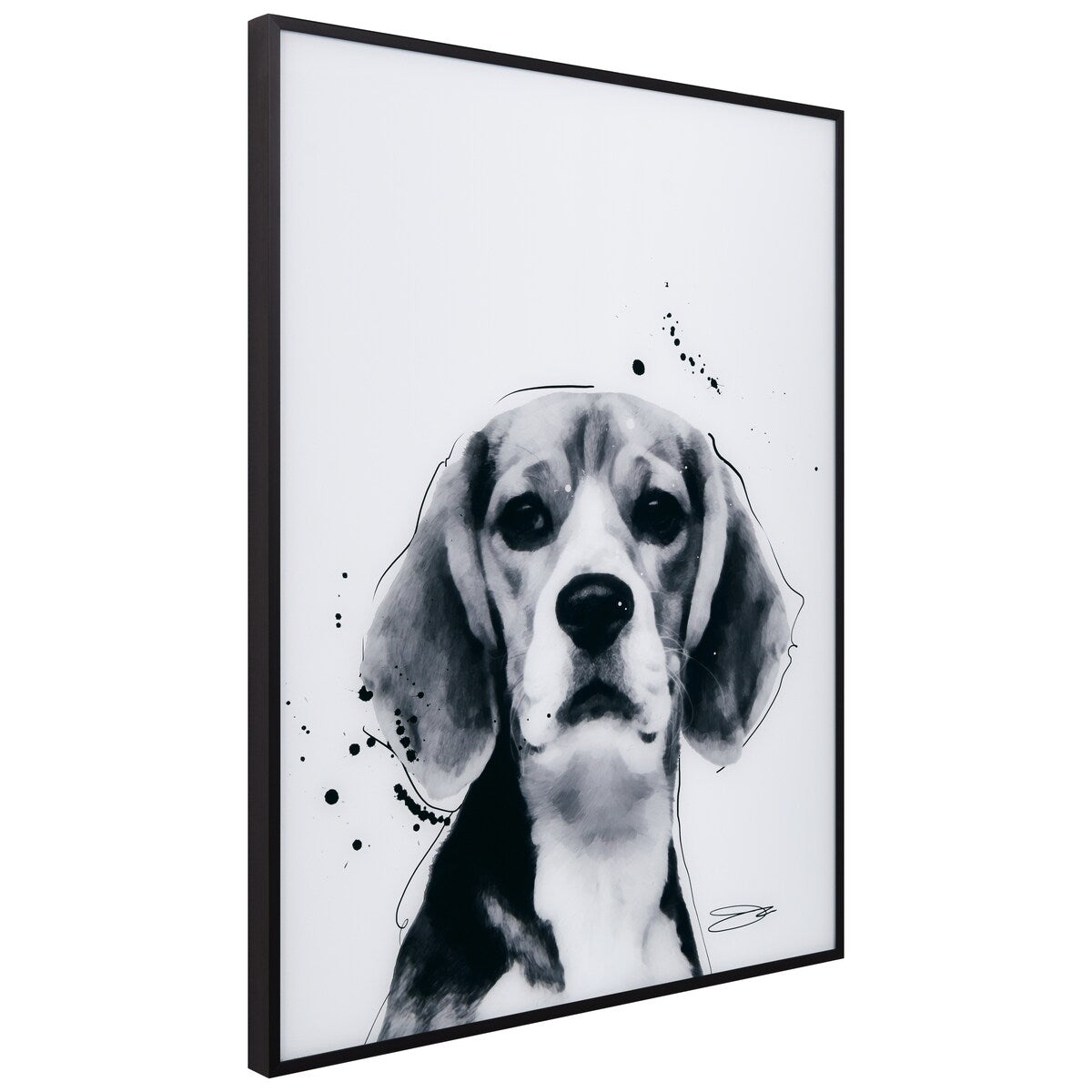 Beagle Black and White Pet Portrait - Printed Glass Art with Black Anodized Frame - Perfect for Home Decor, Living Room Wall Art & Dog Lover Gifts