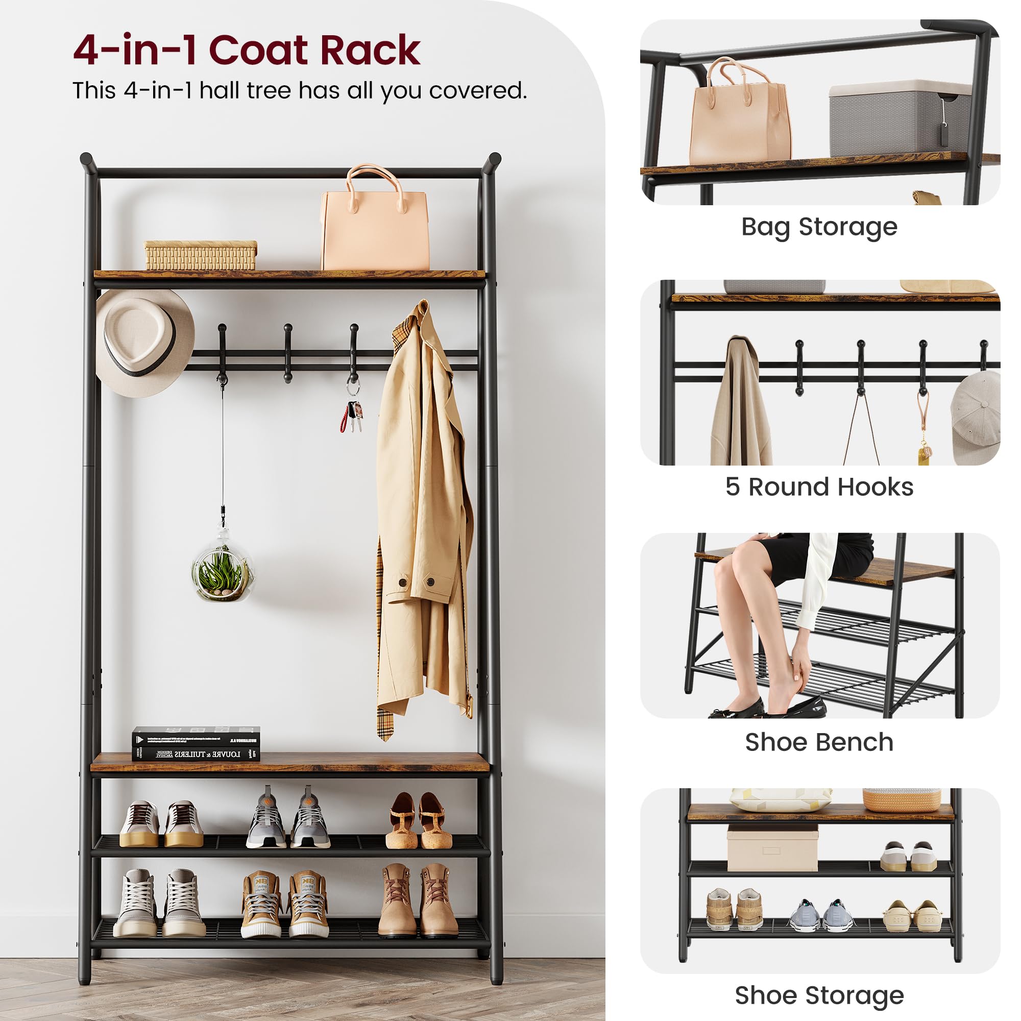 GARVEE 4-in-1 Entryway Organizer - Wood Look Coat Rack with Shoe Bench, Storage Shelf & Hanging Bar - Industrial Style Steel Frame in Rustic Brown & Black - Perfect for Mudroom, Foyer & Home Entryway Organization