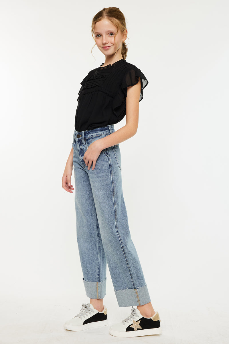 Danielle High Rise Kids Cropped Wide Leg Jeans - Trendy Stretch Denim Pants for Girls | Perfect for School, Playdates & Casual Outings
