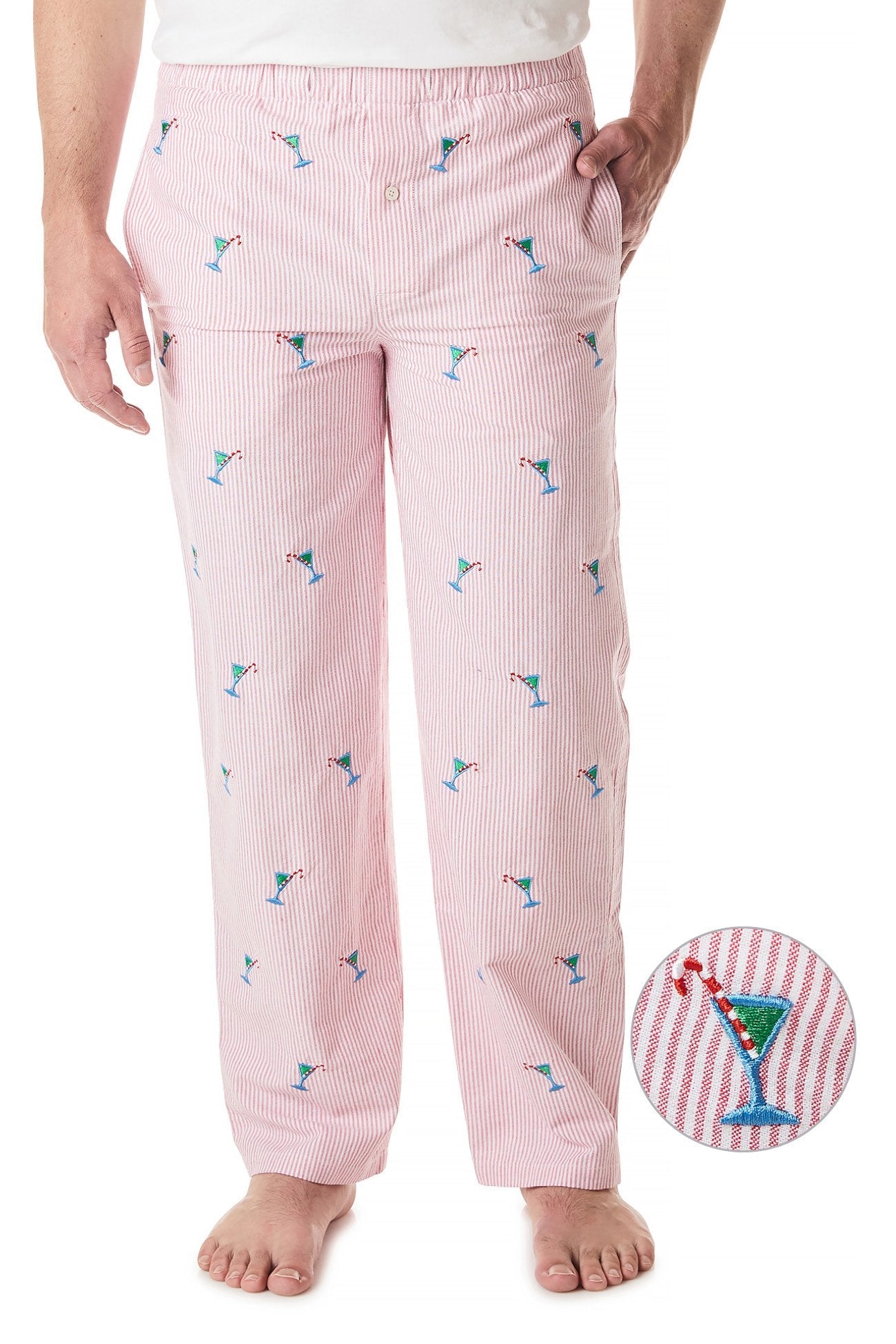 Oxford Stripe Sleeper Pants for Women - Soft Red & White Martini Candy Cane Print Lounge Pajama Bottoms - Perfect for Christmas, Holiday Parties & Cozy Winter Nights