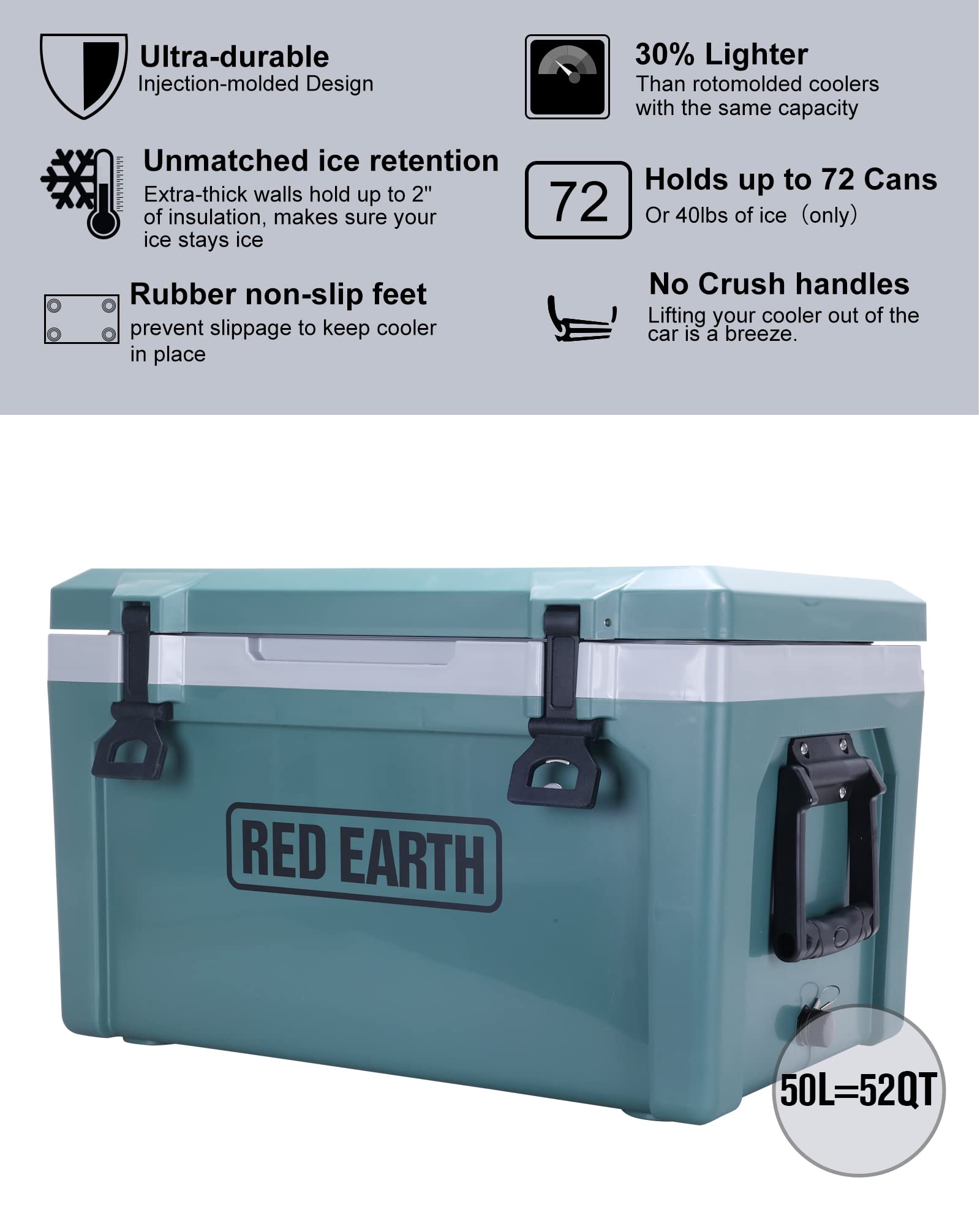 Ultra-Light 52 Quart Hard Cooler with Insulation - Portable Ice Chest Box with Basket & Divider | Perfect for Beach Outings, Boating, Fishing Trips, BBQ Parties & Camping Adventures | Keep Drinks Cold for Outdoor Activities, Tailgating & Picnics