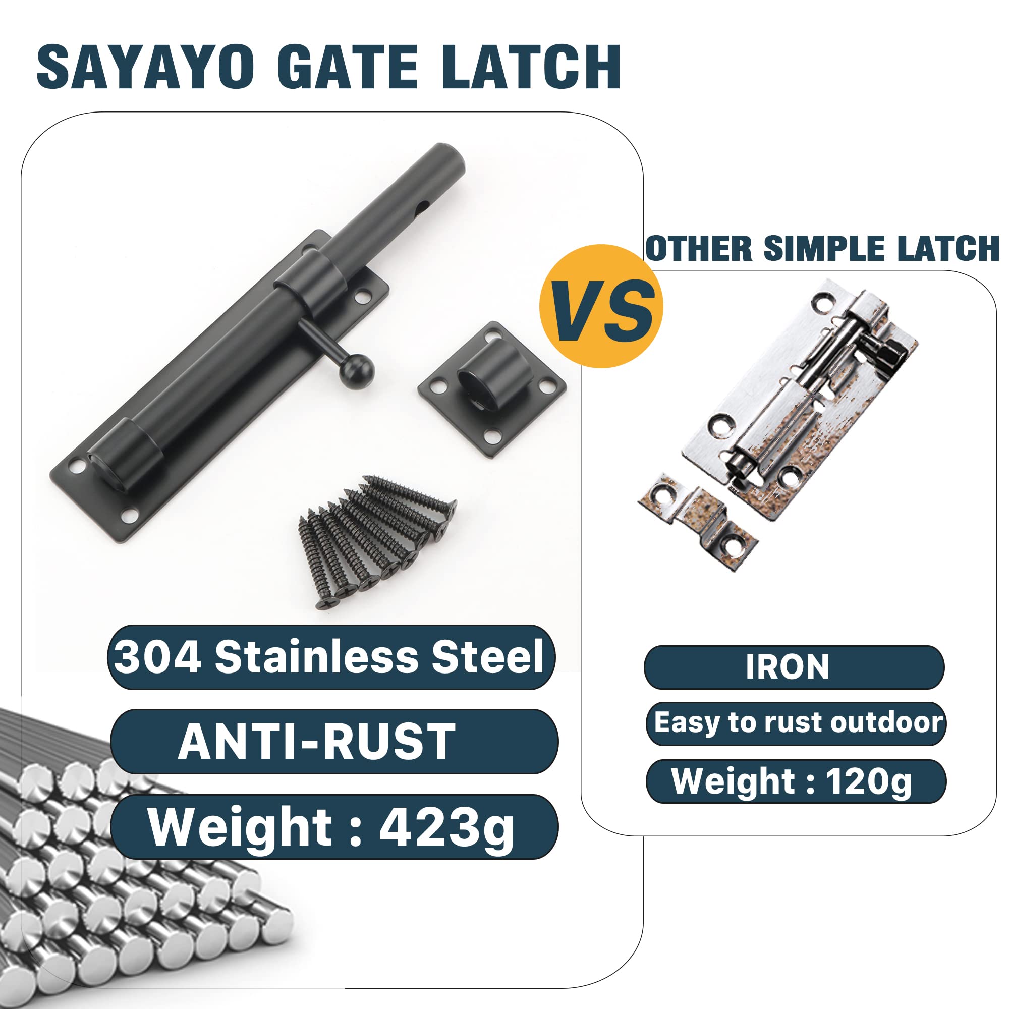 SAYAYO EMS9000-B Black Stainless Steel Door Bolt Lock - 180mm Heavy Duty Gate Latch for Security Gates, Windows & Fences | Weatherproof & Rust-Resistant for Outdoor Use