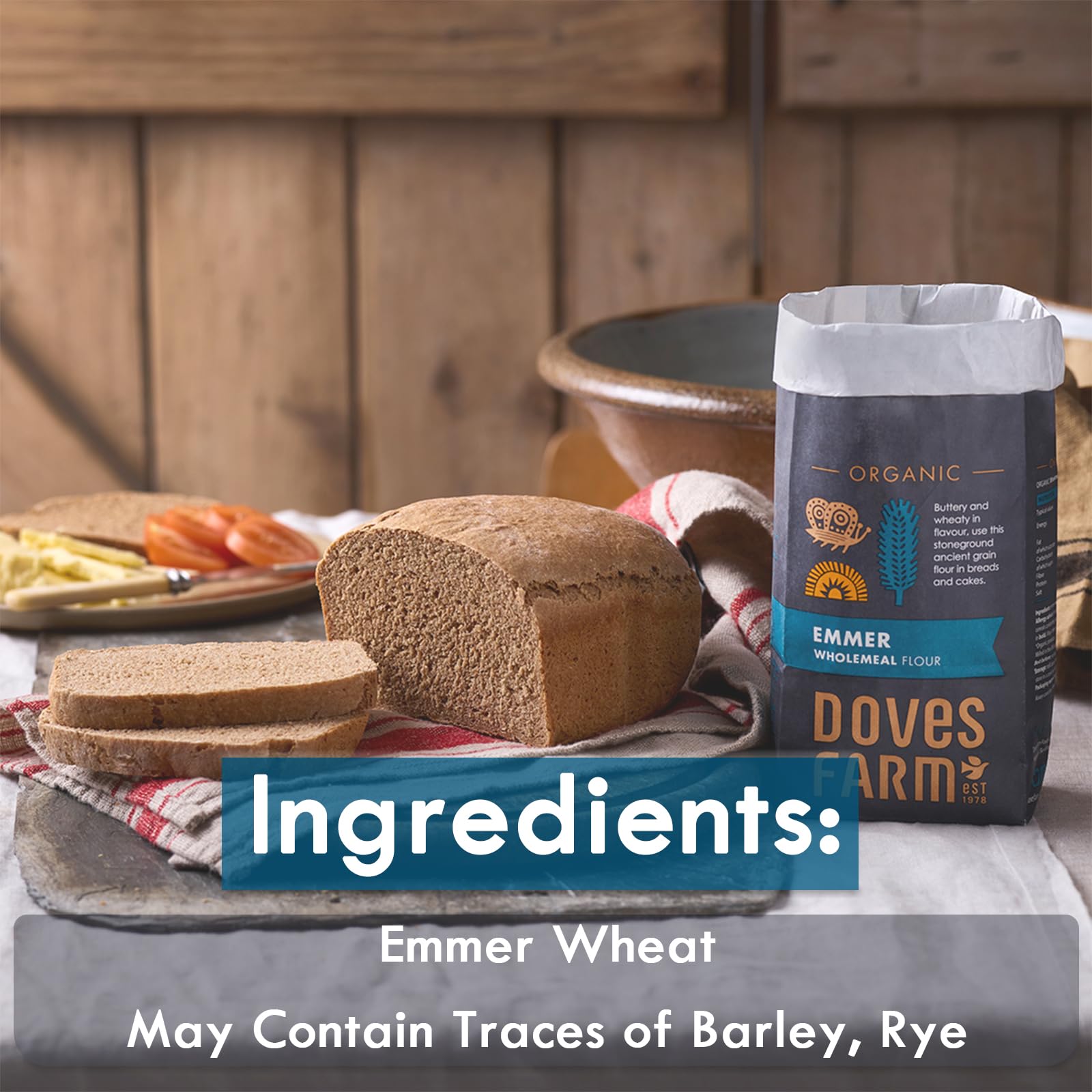 Organic Emmer Wholemeal Flour by Doves Farm | Stoneground Whole Wheat Flour for Bread & Cake Baking | High in Fiber & Protein | Traditional British Flour | Kosher & Vegan Certified | 35.27 Oz (1kg) | Perfect for Artisan Bread, Sourdough, Muffins & Healthy Baking