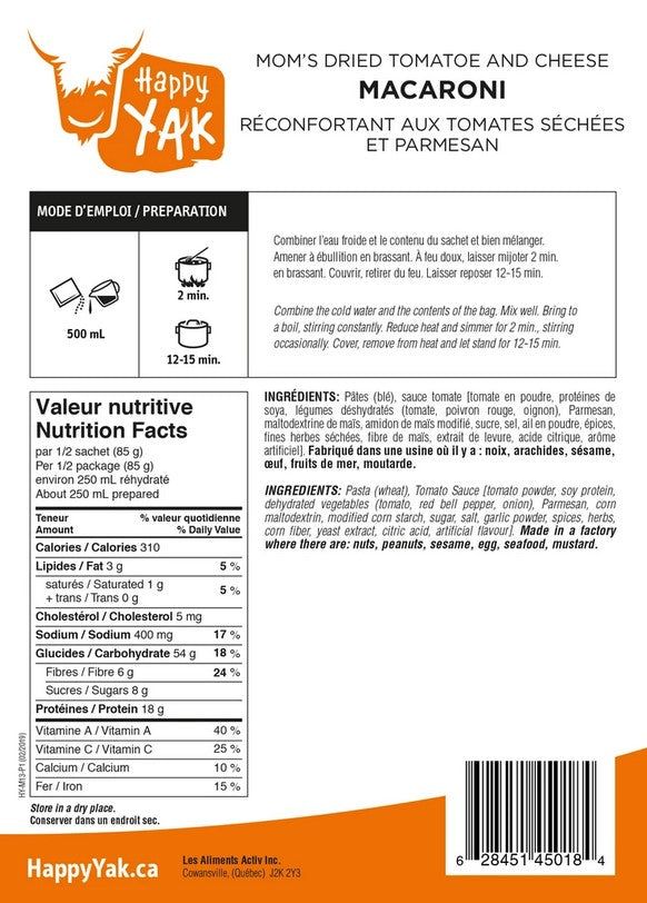 Happy Yak Dried Tomato & Parmesan Cheese Macaroni Pasta - Gourmet Instant Meal for Camping, Hiking & Quick Dinners - Gluten-Free & Vegan Option