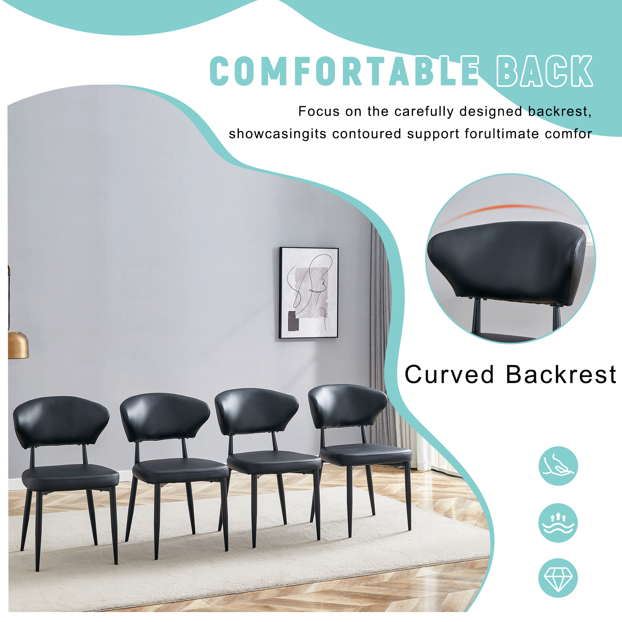 Black & White Minimalist Ergonomic Dining Chairs - Set of 4 with Curved Backrest for Comfort - Modern Home & Office Seating Solution - Perfect for Dining Rooms, Kitchens, and Small Spaces