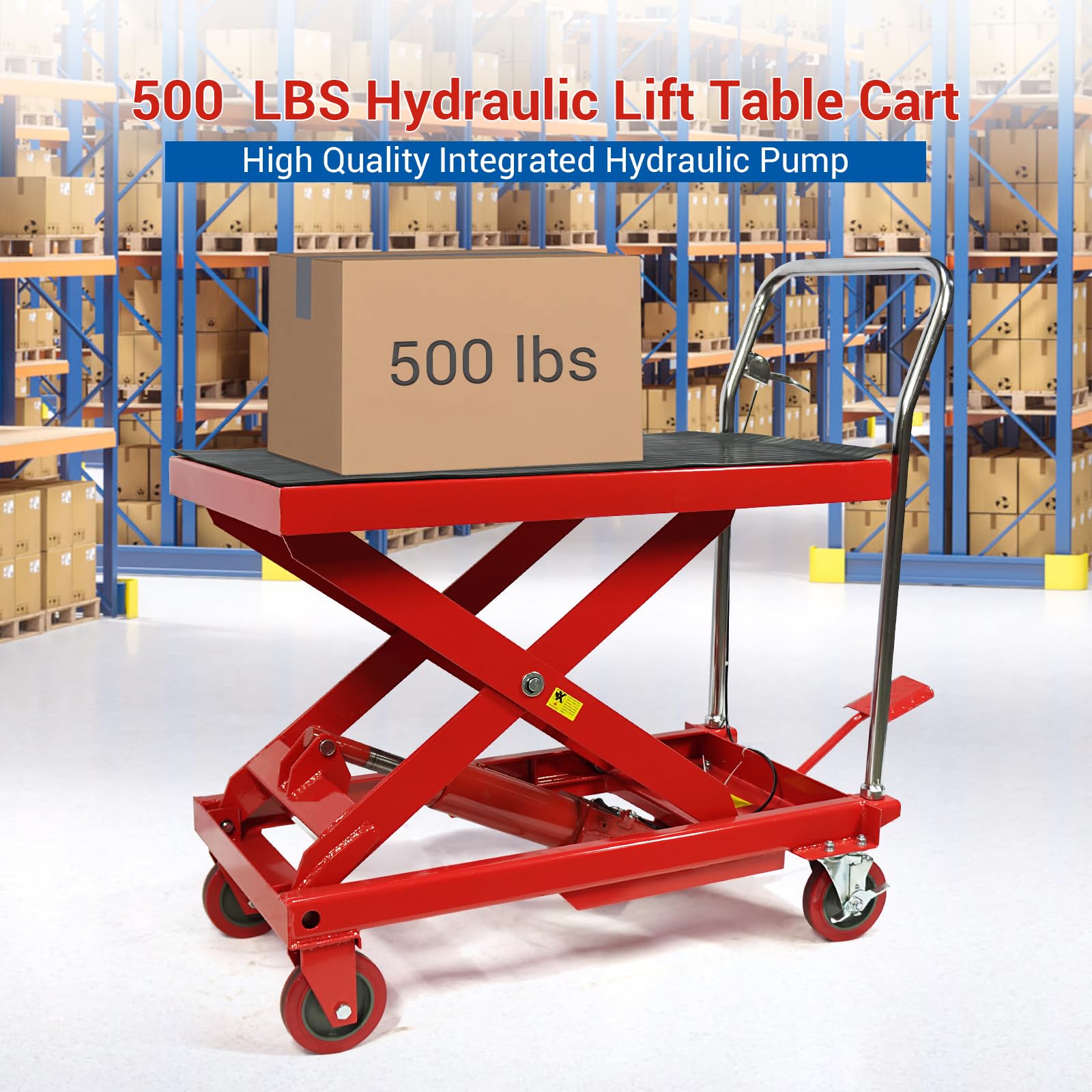 Heavy Duty Hydraulic Lift Table Cart - 500 Lb Capacity Scissor Lift with Non-Slip Rubber Mat, 28