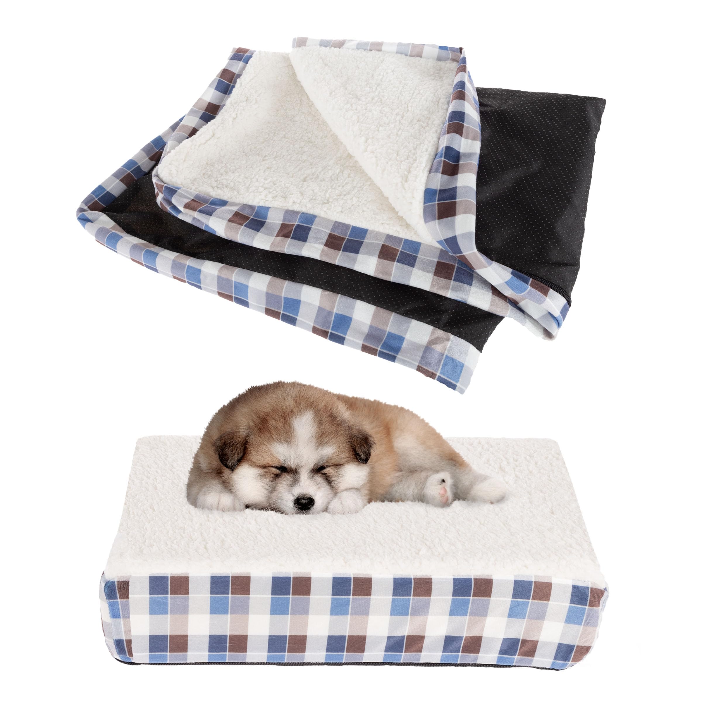 PETMAKER Washable Dog Bed Replacement Cover - Soft Sherpa Top & Non-Slip Bottom, Brown/Blue Plaid - Perfect for Small Dogs & Pets - Ideal for Crates, Kennels & Home Use