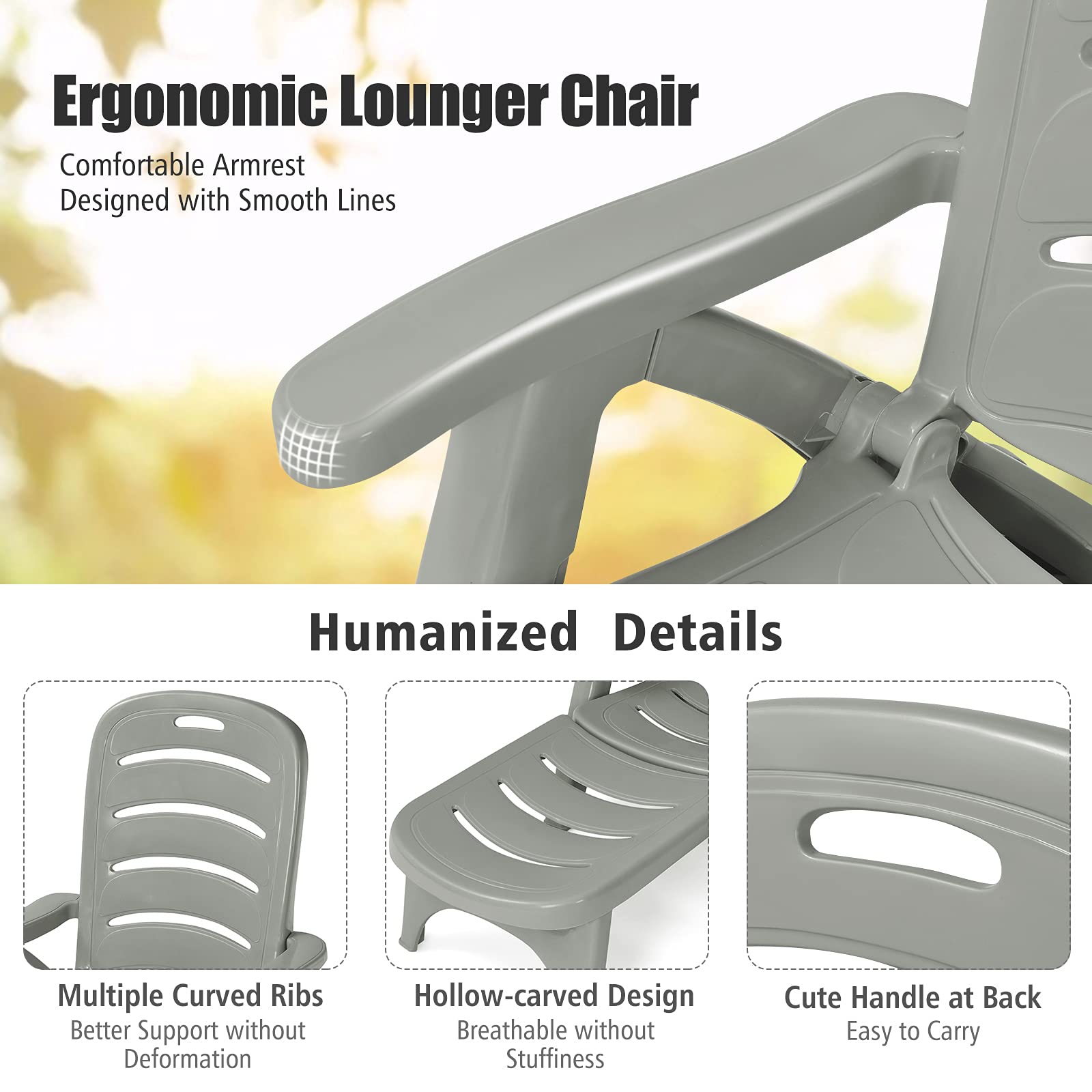 Giantex Folding Patio Chaise Lounge Recliner with Wheels & Armrests - 5-Position Adjustable Outdoor Sun Lounger for Poolside, Beach, Garden, Yard & Deck - Gray Rolling Sunbathing Chair for Relaxation & Tanning