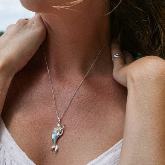 Blue Opal Mermaid Pendant Necklace - Elegant Ocean-Inspired Jewelry for Women, Gift for Mermaid Lovers, Perfect for Beach Vacations & Summer Outfits
