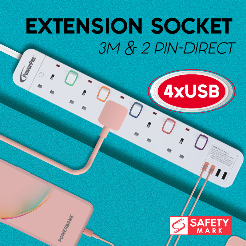 5-Way Power Extension Cord with 4 USB Ports - 3 Meter/10ft Multi Outlet Surge Protector for Home Office & Travel (PP9115U) - Charge Phones, Laptops & Small Appliances