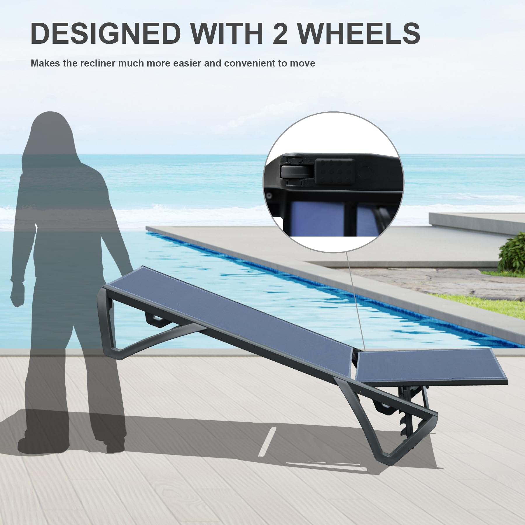 Domi Adjustable Aluminum & Plastic Pool Lounge Chairs Set of 2 - All-Weather Outdoor Chaise Lounge for Beach, Poolside & Lawn (Navy Blue Textilene) | Perfect for Sunbathing, Relaxing by the Pool & Backyard Lounging