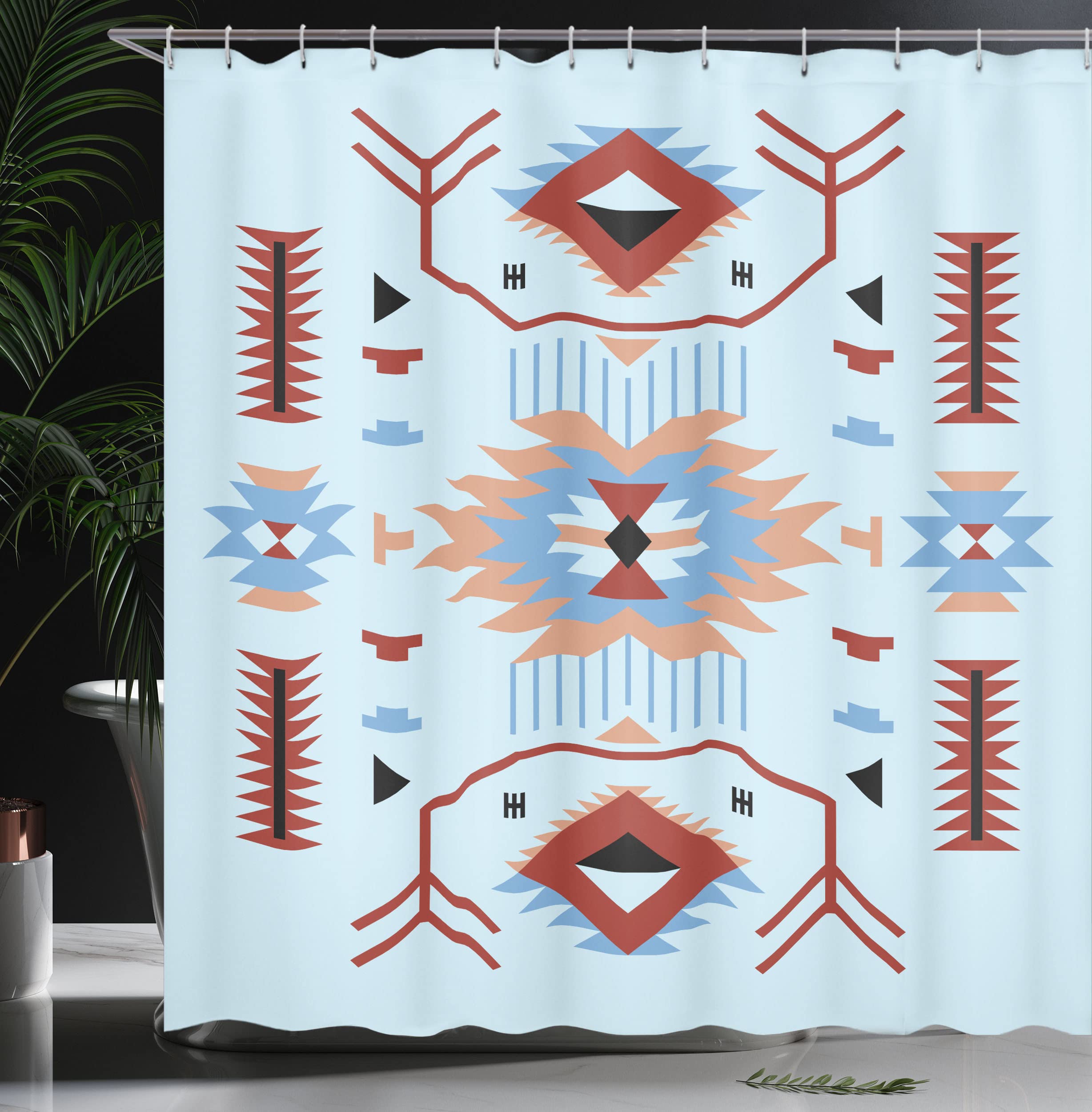Ambesonne Southwestern Shower Curtain - Ethnic Zigzag Triangle Design Bathroom Decor, 69x70 Inch Pale Blue Fabric Set with Hooks | Perfect for Boho, Western & Southwestern Style Bathrooms