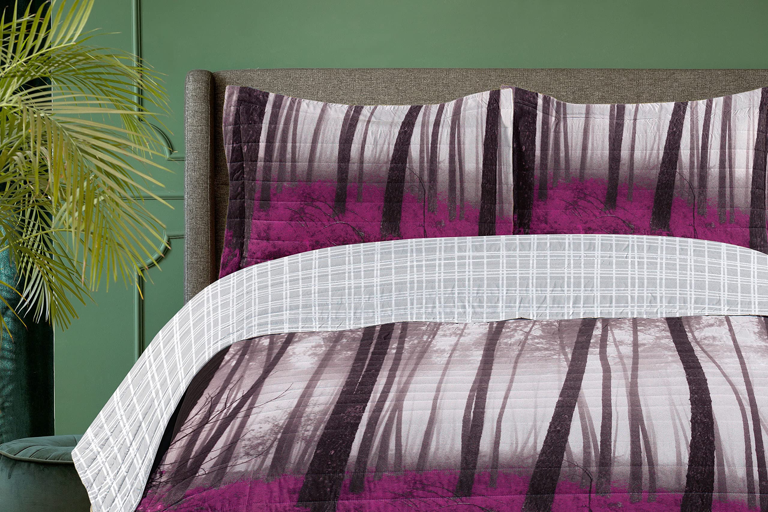 Ambesonne Reversible King Size Bedspread Set - Fantasy Woodland Forest with Fog, Trees & Bushes in Purple Grey Fuchsia | Microfiber Comforter & Pillow Shams | Perfect for Cozy Bedrooms, Guest Rooms & Cabin Retreats