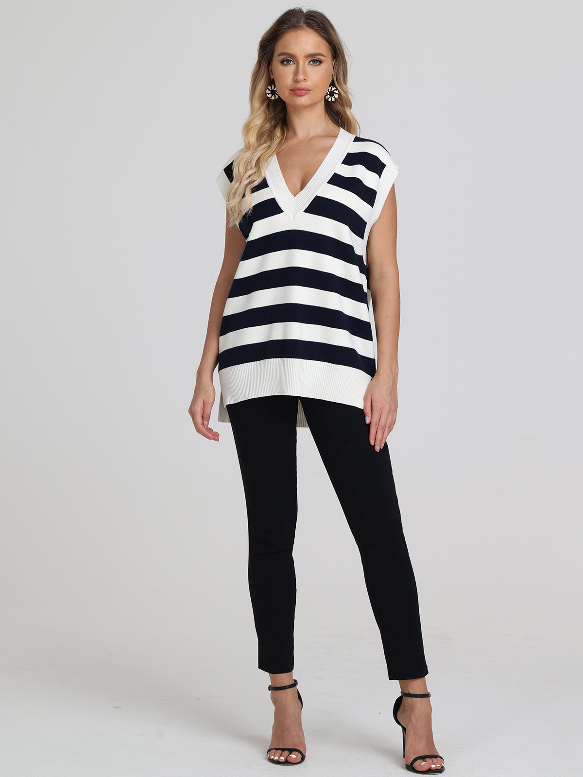 Charlene Women's Stripe V-Neck Sweater Vest - Casual Knit Sleeveless Pullover for Layering, Office Wear & Fall Outfits