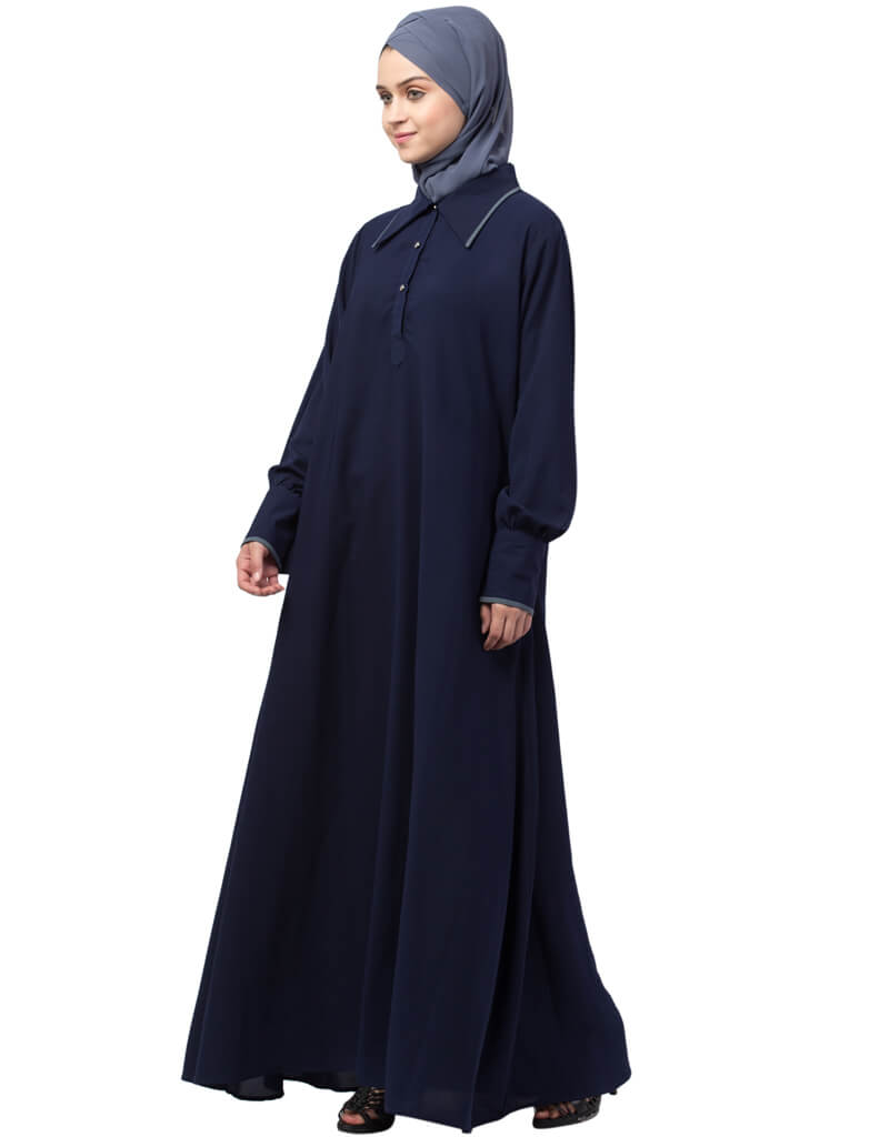 Elegant Navy Blue Arabic Long Cuff Abaya with Executive Collar - Perfect for Office Wear, Formal Events & Islamic Modest Fashion