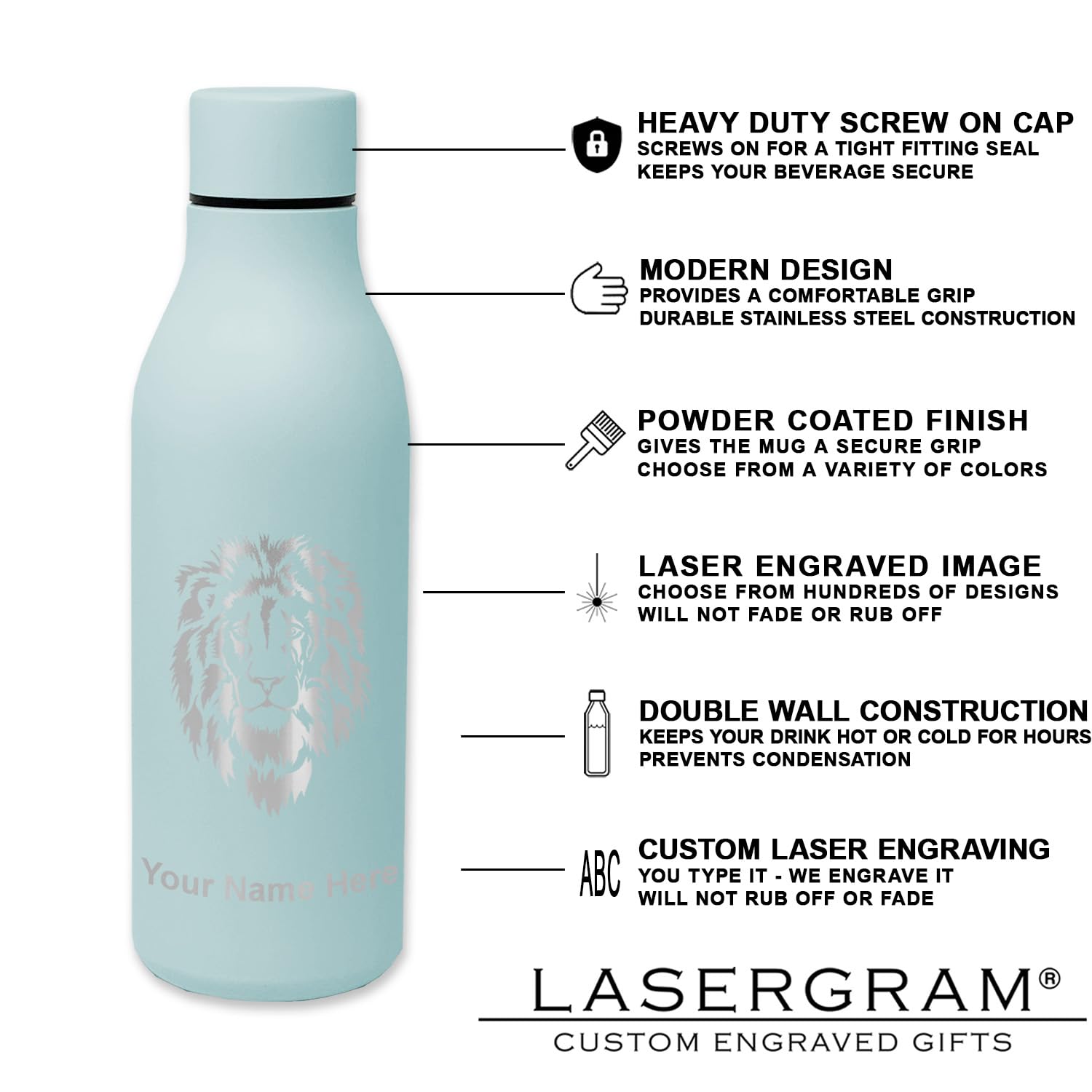 LaserGram Double Wall Stainless Steel Water Bottle - Lebanon Flag Design with Free Personalized Engraving | Insulated Travel Mug for Hiking, Gym & Office Use