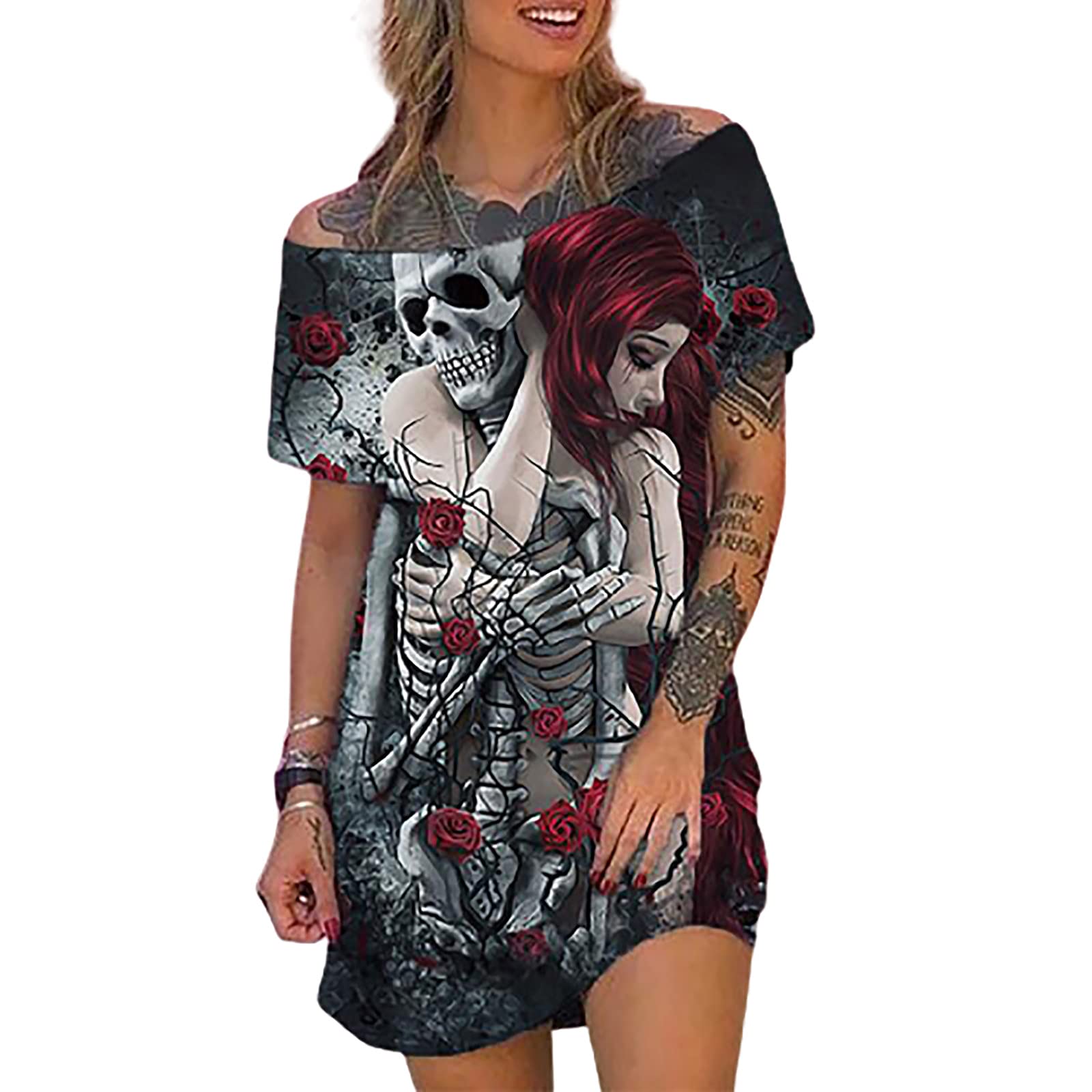 Gothic Skeleton Print One Shoulder Mini Dress for Women - Summer Casual Loose Shirt Dress with Crewneck - Perfect for Parties, Halloween, and Gothic Fashion Outfits