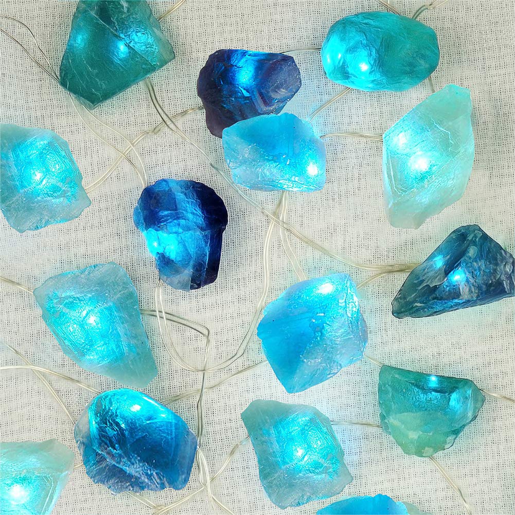 BOHON 6.5ft Natural Fluorite Crystal & Sea Glass LED String Lights - 20 Battery Operated Fairy Lights with Remote Control for Bedroom, Party, Wedding, Christmas & Indoor Decor - Create Magical Ambiance for Relaxation, Romantic Dinners & Holiday Celebrations