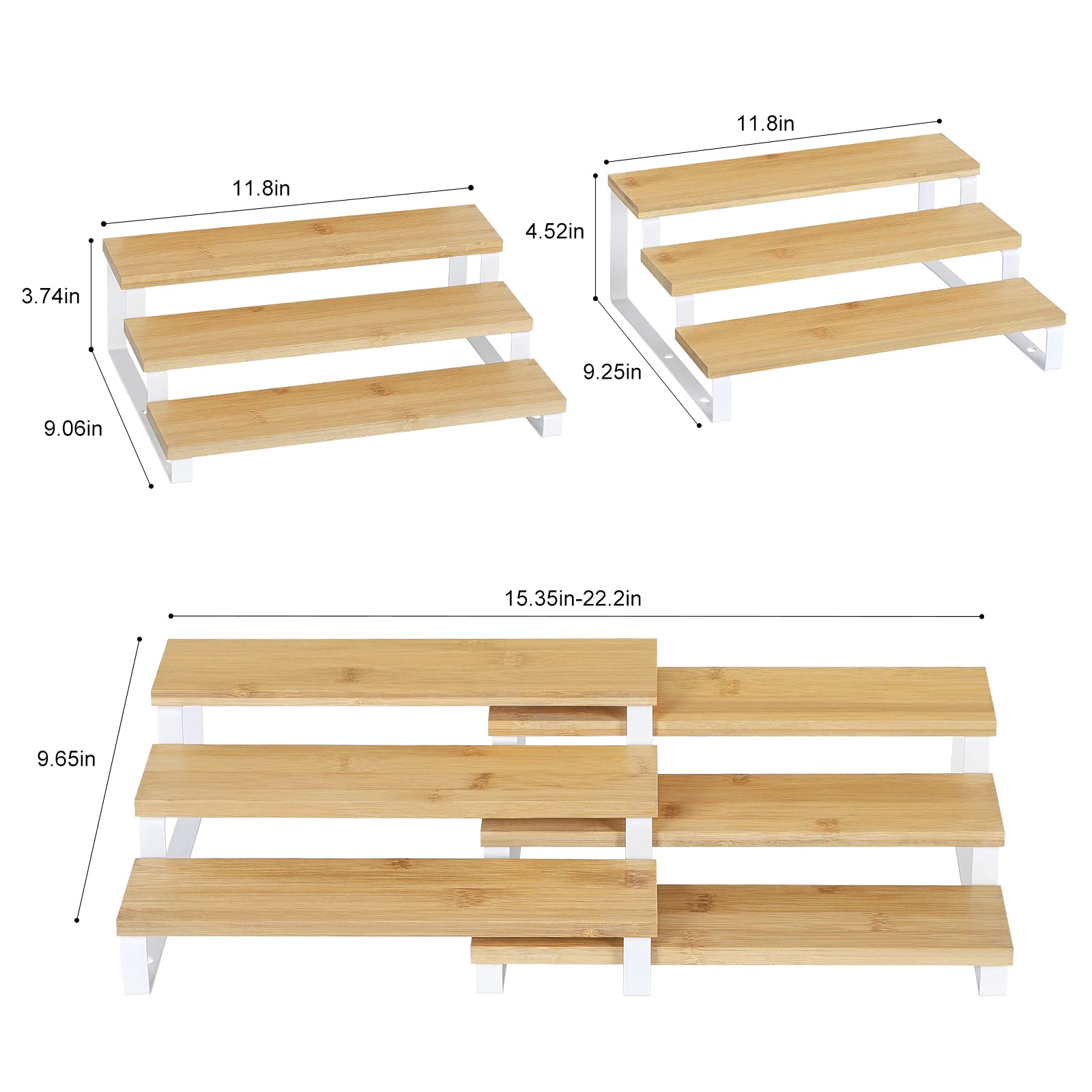 MOOACE Expandable 3-Tier Spice Rack Organizer for Kitchen Cabinet - White & Natural Spice Shelf with Adjustable Shelves (Set of 4) - Perfect for Countertop, Pantry, and Small Space Kitchen Organization