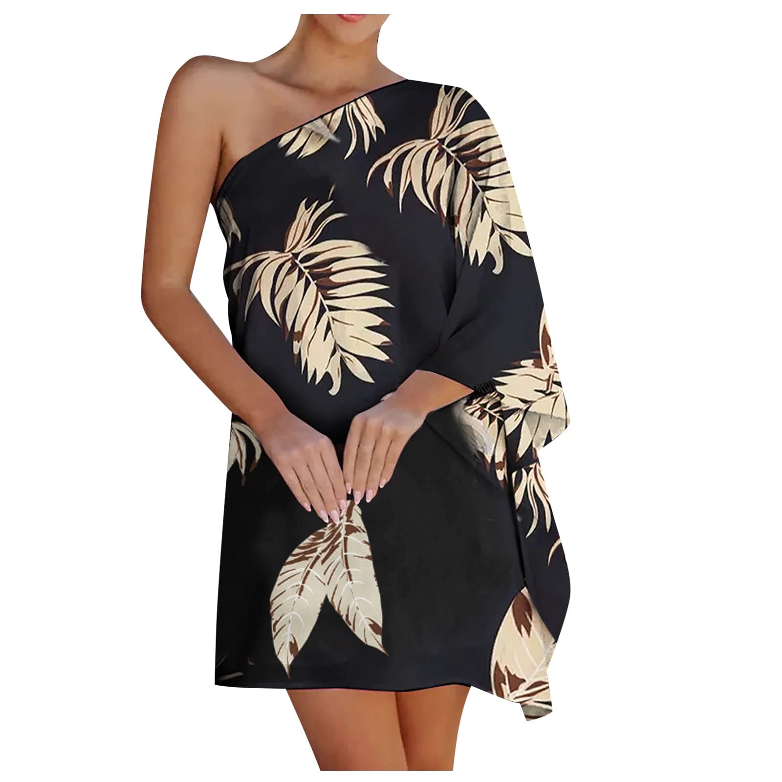Women's Floral Print Summer Dress with Batwing Sleeves & One Shoulder Chain Strap - Sexy Mini Club Dress for Night Out, Beach Vacation, and Party Wear