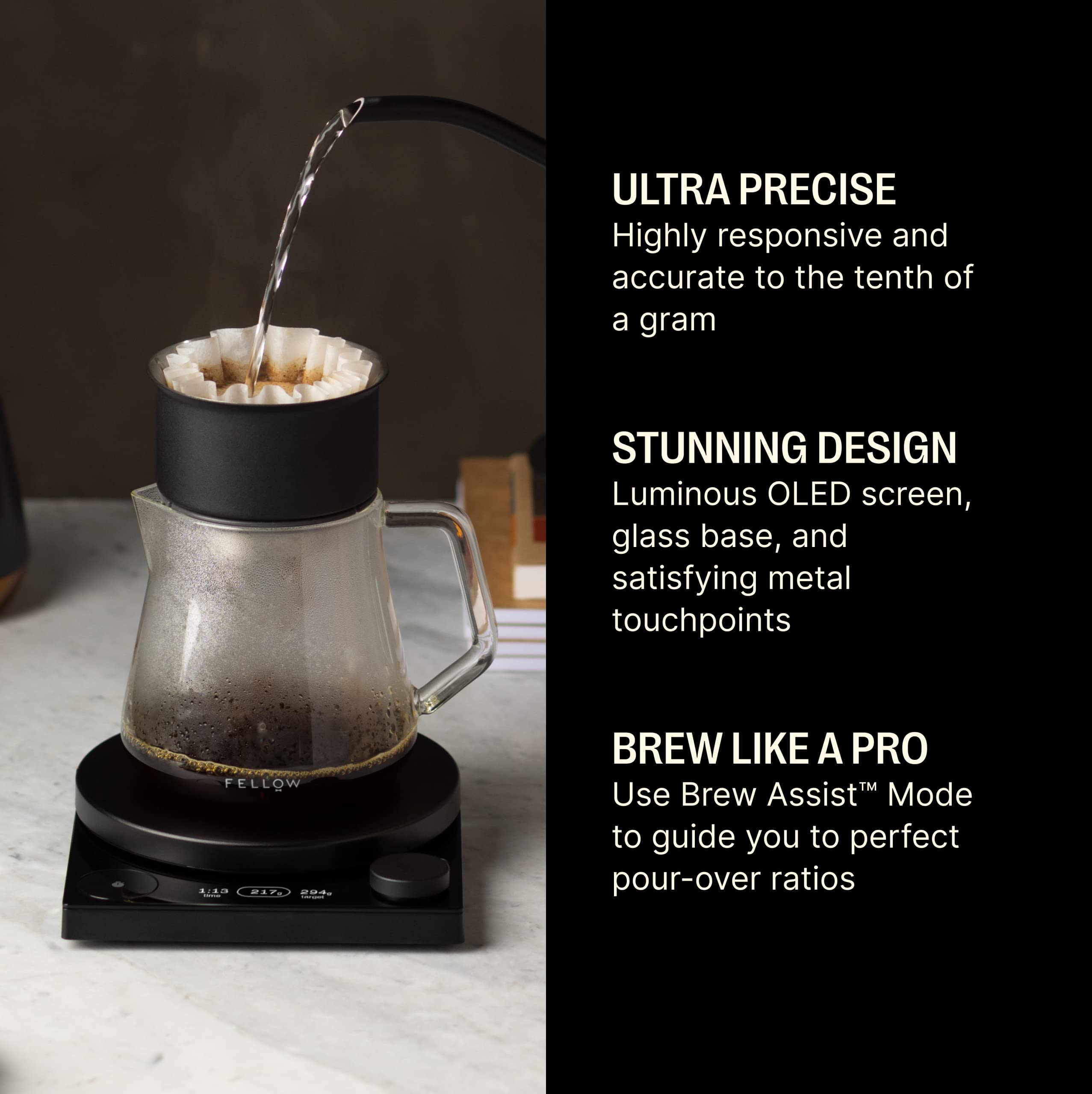 Fellow Tally Pro Studio Digital Coffee Scale - High Precision Kitchen Scale with Tempered Glass Top for Coffee Brewing, Baking & Small Goods (5 lbs Capacity) - Measures in Grams, Ounces, Pounds & Milliliters - Matte Black - Perfect for Home Baristas, Coffee Shops & Culinary Enthusiasts