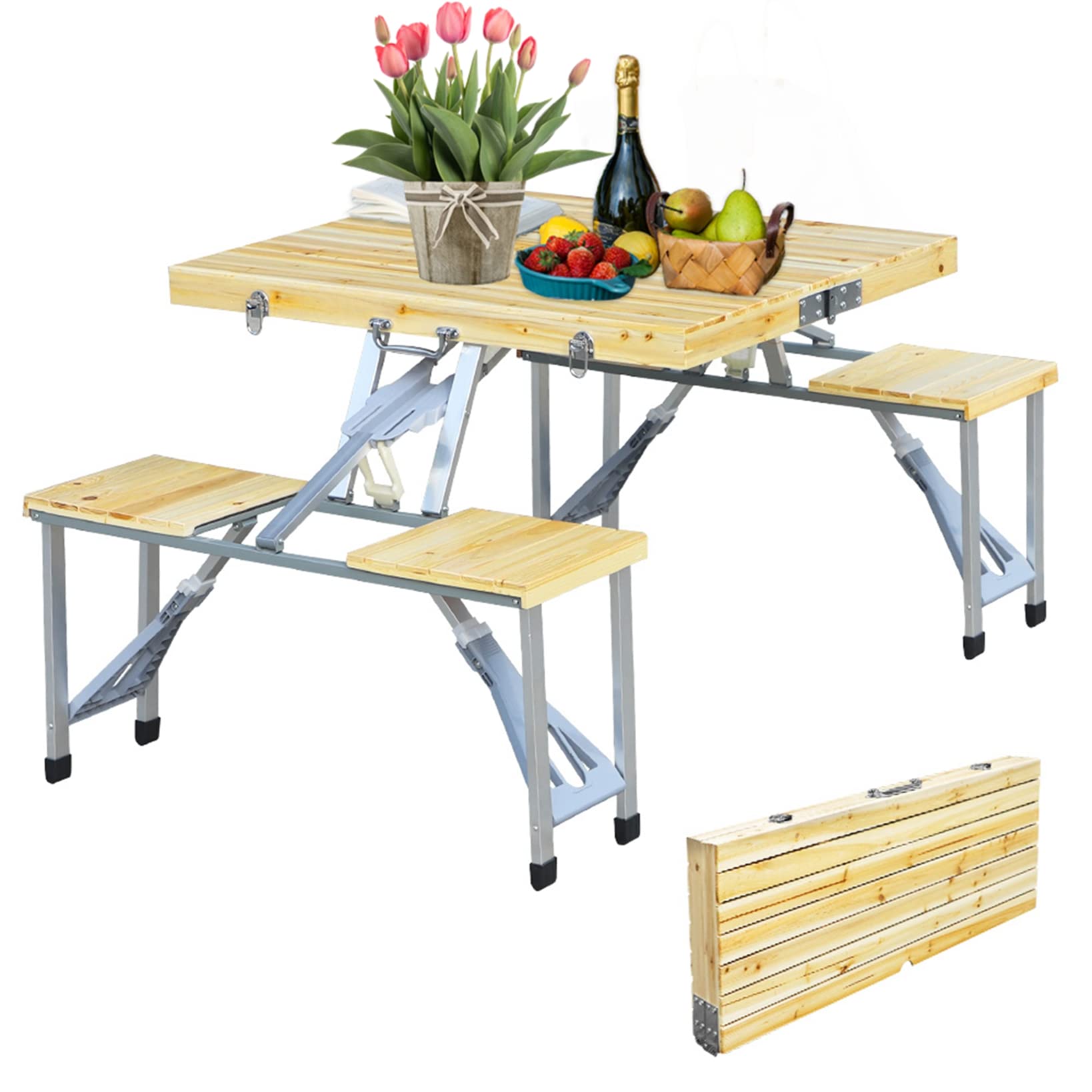 Portable Aluminum Folding Camping Picnic Table Bench Set with Umbrella Hole - 4 Seats & 1 Table for Indoor, Outdoor, Patio, Lawn, Garden - Perfect for Camping Trips, Backyard BBQs and Beach Outings