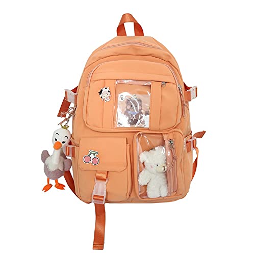 Cute Kawaii Aesthetic Backpack for School - Orange Bookbag with Pins & Plush Duck Pendant | Girls Back to School Supplies, College Essentials & Travel Daypack