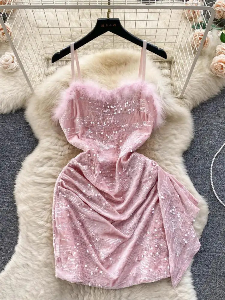 Sexy Beige Sequins Furry Slip Dress for Women - Off Shoulder Backless Mini Dress for Club, Party & Birthday - Fashion Slim Fit Autumn Dress (Also Available in Black & Pink) - Perfect for Night Out, Date Night and Special Occasions