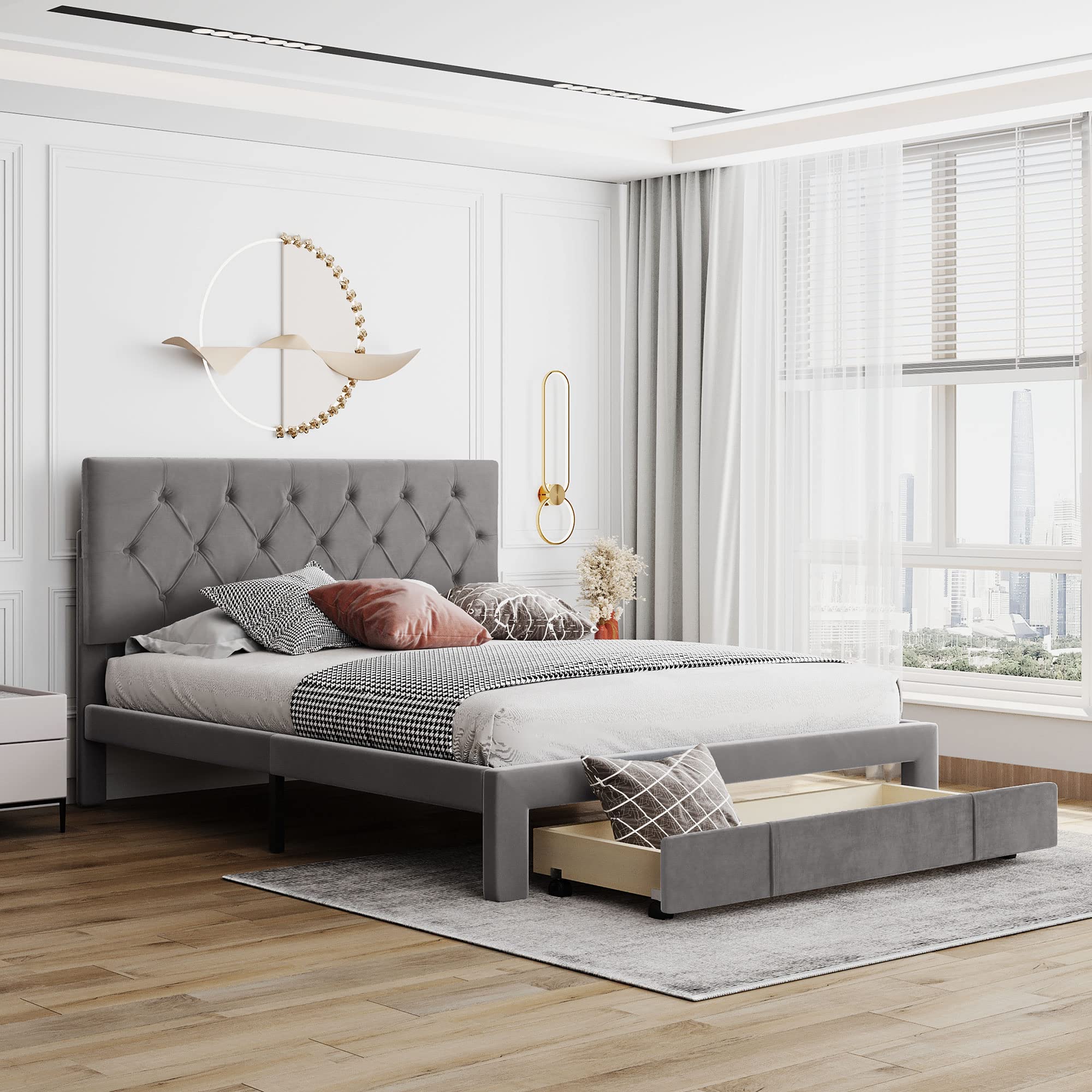 Queen Size Storage Bed Frame with Drawers - Velvet Upholstered Platform Bed with Headboard | No Box Spring Needed | Easy Assembly (Gray) | Perfect for Small Bedrooms & Guest Rooms