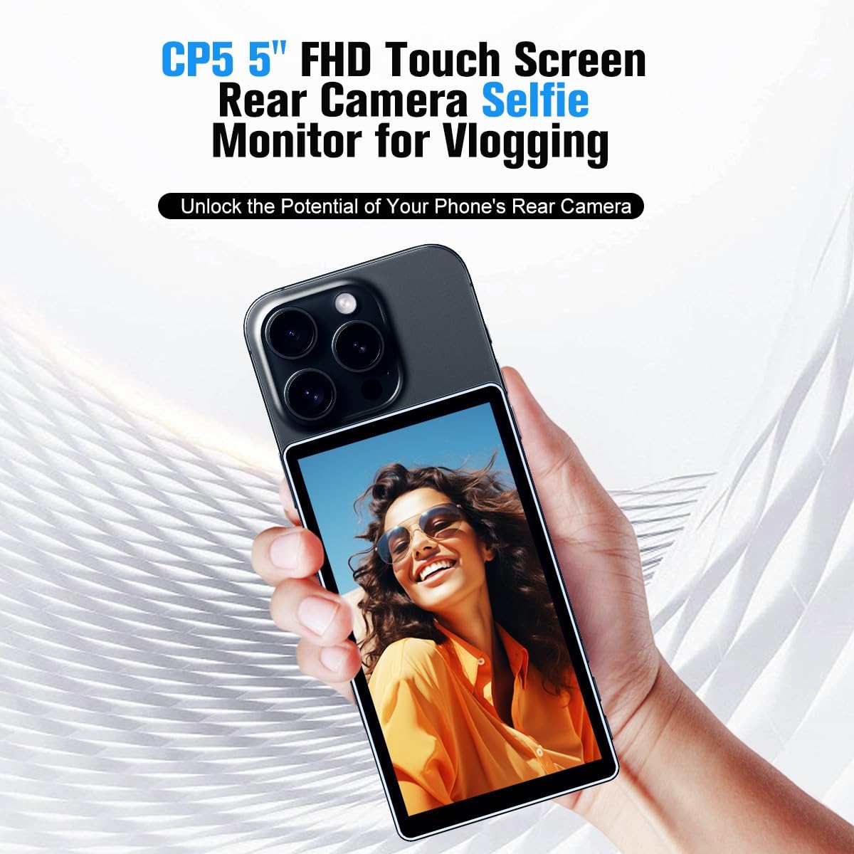 5 Inch 1080P Touchscreen CP5 Phone Vlog Selfie Monitor with Wireless Transmission & Bluetooth Remote - 2.4G/5GHz 164ft Range, Compatible with iPhone for YouTube Vlogging, Live Streaming, Photography & Video Recording (Includes Grey Protective Case)