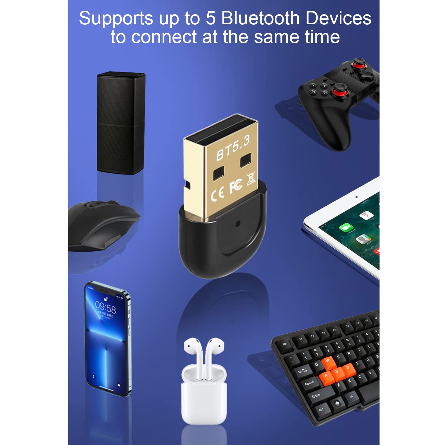 Vgggrd Bluetooth 5.3 USB Adapter for PC - Wireless Dongle Compatible with Windows 11/10/8.1, Headphones, Mouse, Keyboard, Game Controller & Printers - Plug & Play for Laptop, Desktop, Smartphone & Tablet - Perfect for Home Office, Gaming & Wireless Connectivity