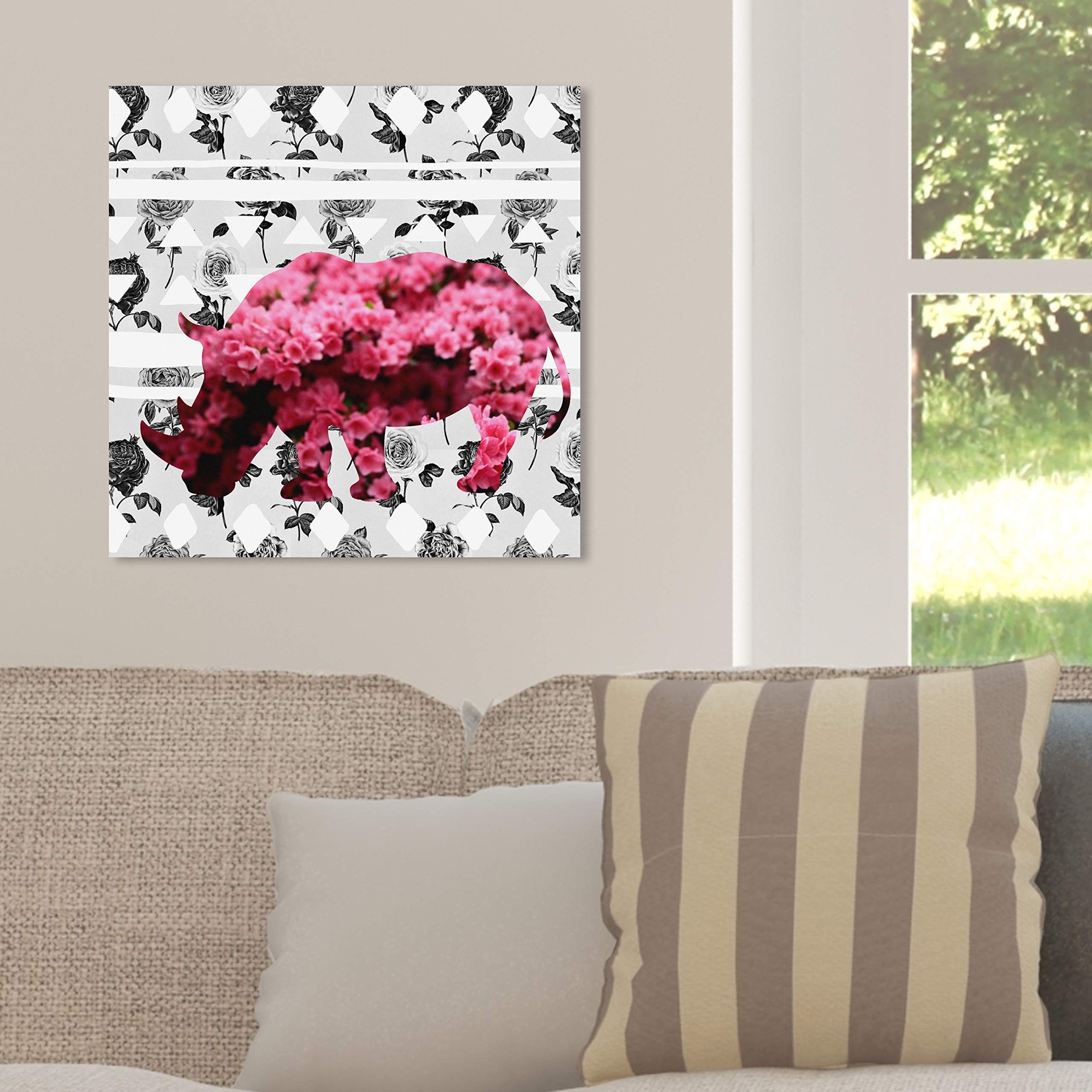 Oliver Gal Artist Co. 'Spring Rhino' Pink & White Animal Wall Art Canvas Print - 20x20 Inches Modern Home Décor for Living Room, Bedroom & Nursery