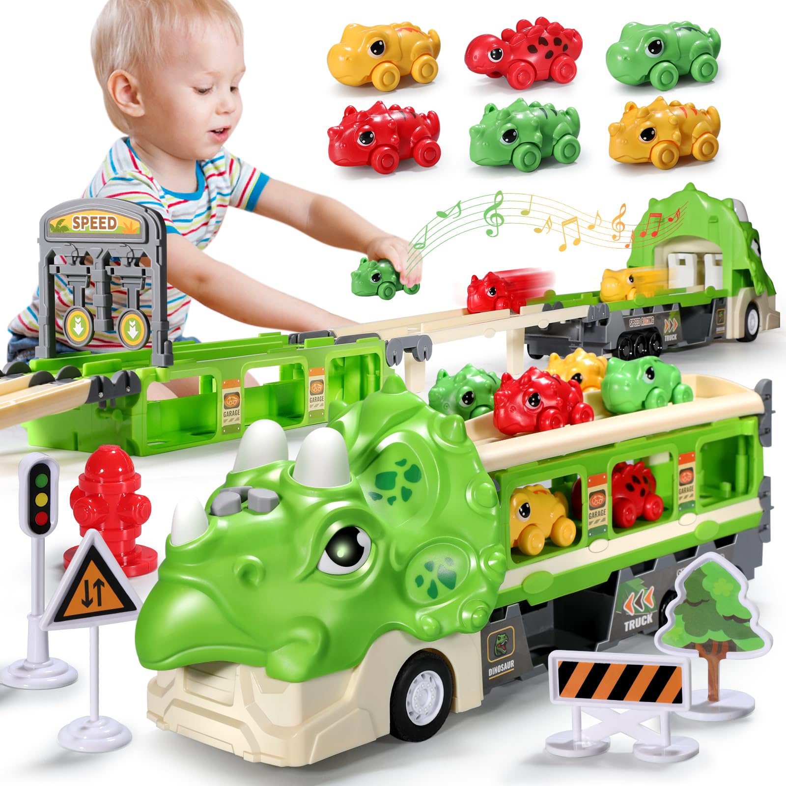 Dinosaur Toy Car Set with Foldable 117cm Track - Includes Launcher, 6 Mini Cars & 12 Road Signs - LED Lights & Sound Effects - Safe ABS Plastic & Dual-Layer Storage - STEM Learning Racing Playset for Kids Ages 3+ - Perfect for Birthday Gifts, Indoor Play & Preschool Educational Activities