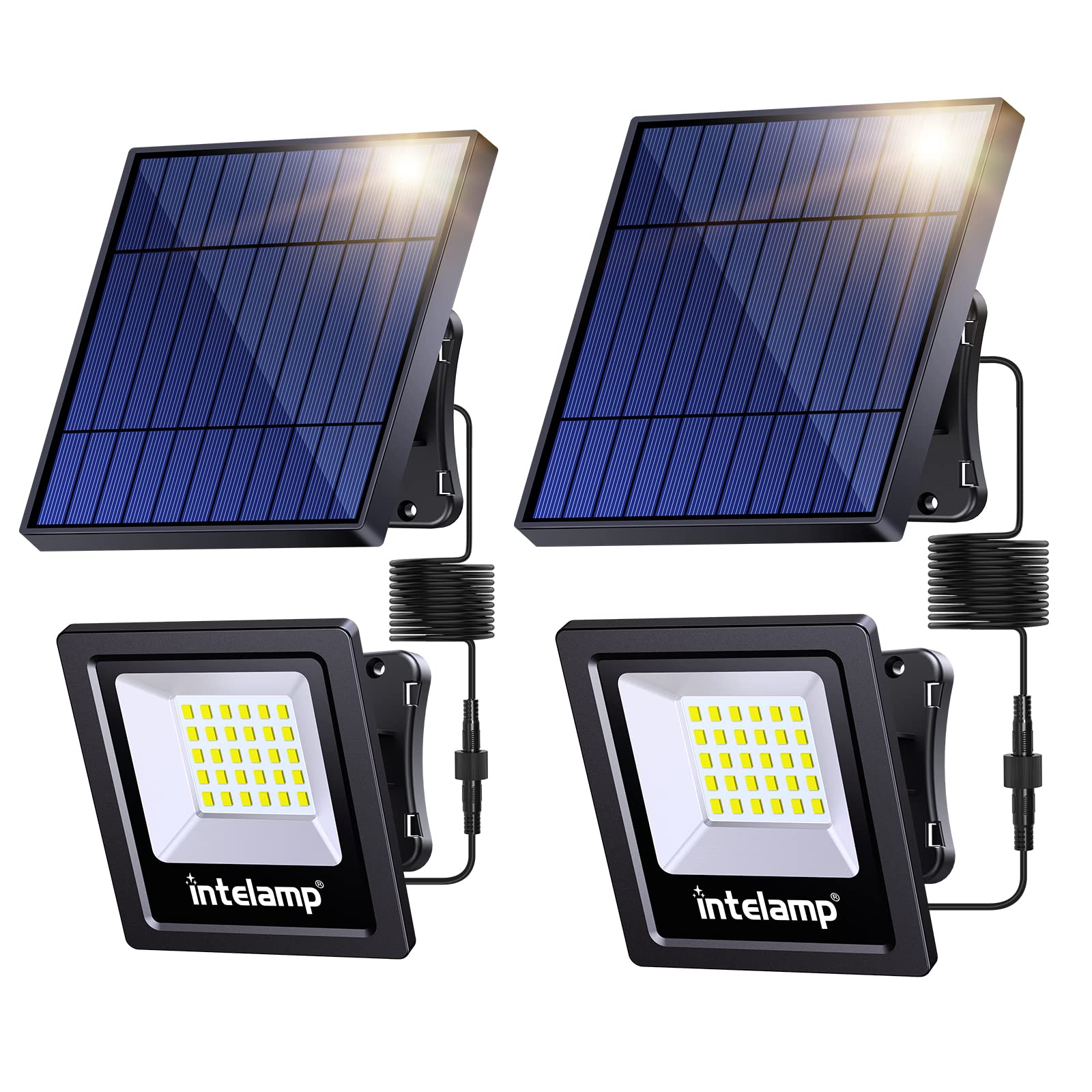 Intelamp 4400mAh Solar Flood Lights 2 Pack - IP65 Waterproof Outdoor Solar Security Lights with Dusk to Dawn Auto On/Off - Perfect for Porch, Balcony, Yard, Garage, Barn & Garden Lighting