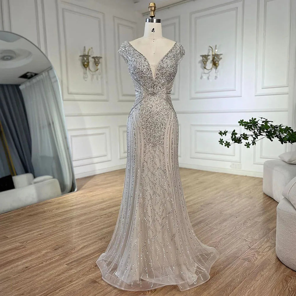 Elegant Beige Sleeveless Mermaid Evening Dress with Beaded Arabic Design for Women - Dubai Serene Hill LA72456 | Perfect for Wedding Parties, Formal Events & Special Occasions 2025