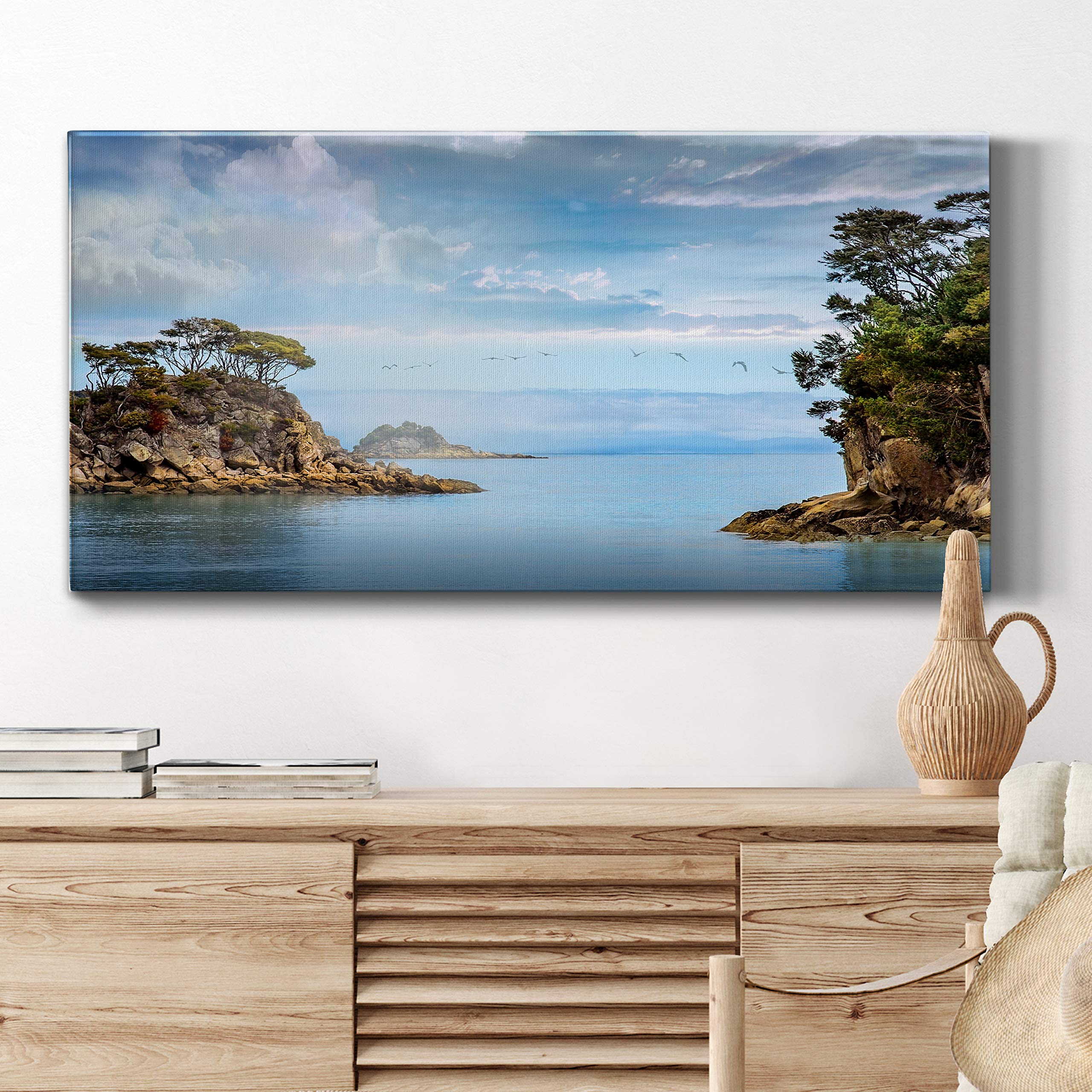 Modern Blue Ocean Coastal Canvas Wall Art - 24x48 Inch Ready to Hang Landscape Print for Living Room, Bedroom, Bathroom & Office Decor - Perfect for Beach House, Coastal Theme or Zen Interior Design