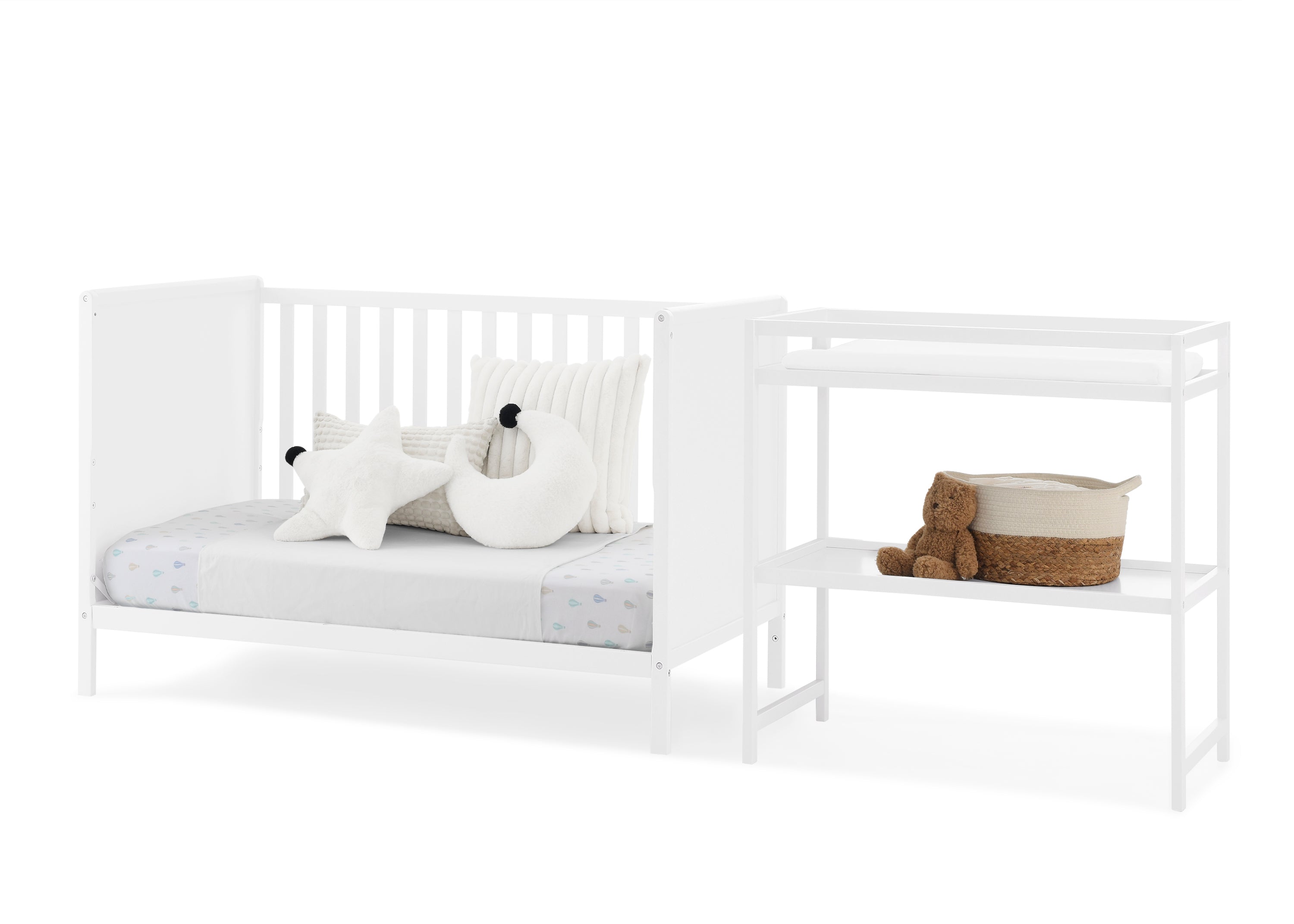 Ruby 6-in-1 Convertible Baby Crib & Changing Table Nursery Set - White Wooden Toddler Bed with 3 Height Adjustments & Drawer Storage for Newborn to Kids Room Decor