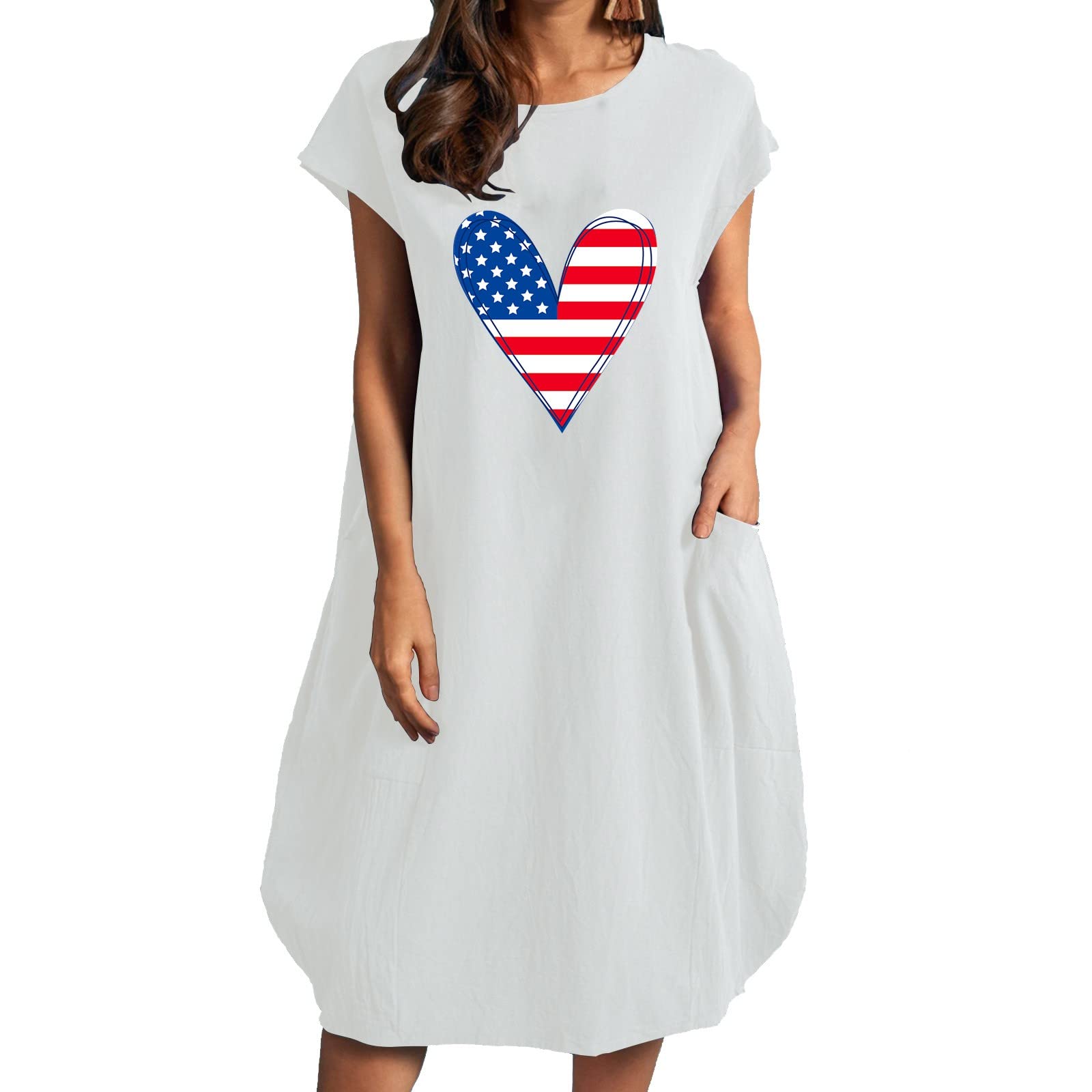 Independence Day Print Summer Dress - Short Sleeve Knee-Length Hawaiian Beach Dress for Women | Plus Size Casual Floral Dress for 4th of July, Vacation & Outdoor Parties