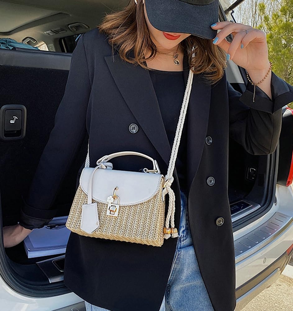 2024 Women's Straw Beach Bag - Summer Crossbody Shoulder Satchel Purse in Square Rattan Design | Perfect for Vacation, Poolside, and Outdoor Adventures