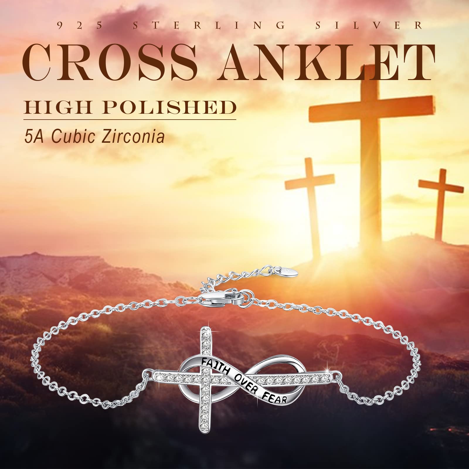 **925 Sterling Silver Infinity Cross Ankle Bracelet - Adjustable Religious Jewelry for Women, Faith & Hope Gift for Daughter, Mom, Wife - Perfect for Christmas, Baptism, Church & Everyday Wear**