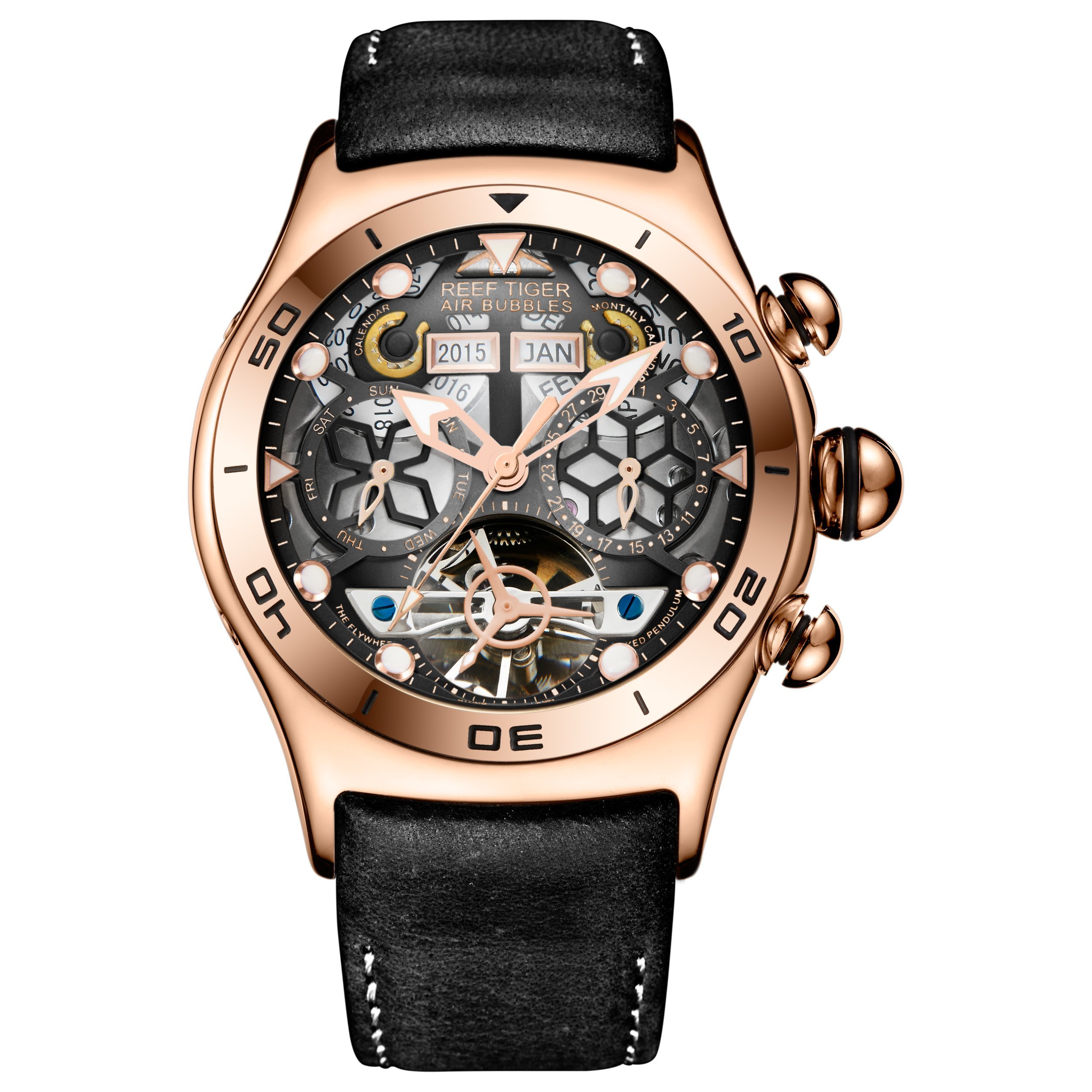 REEF TIGER Men's Luxury Sport Watch - Rose Gold Skeleton Tourbillon Quartz Chronograph with Multi-Functional Dial (Model RGA703-YGB) | Perfect for Business, Formal Events & Outdoor Activities