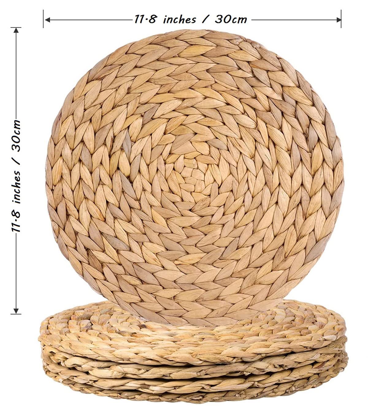 6 Pack Natural Wicker Braided Placemats - 11.8 Inch Round Rattan Table Mats, Water Hyacinth Straw Weave Chargers for Dining Table Decor, Rustic Farmhouse & Boho Style Home Kitchen Accessories - Perfect for Dinner Parties, Holiday Gatherings & Everyday Use
